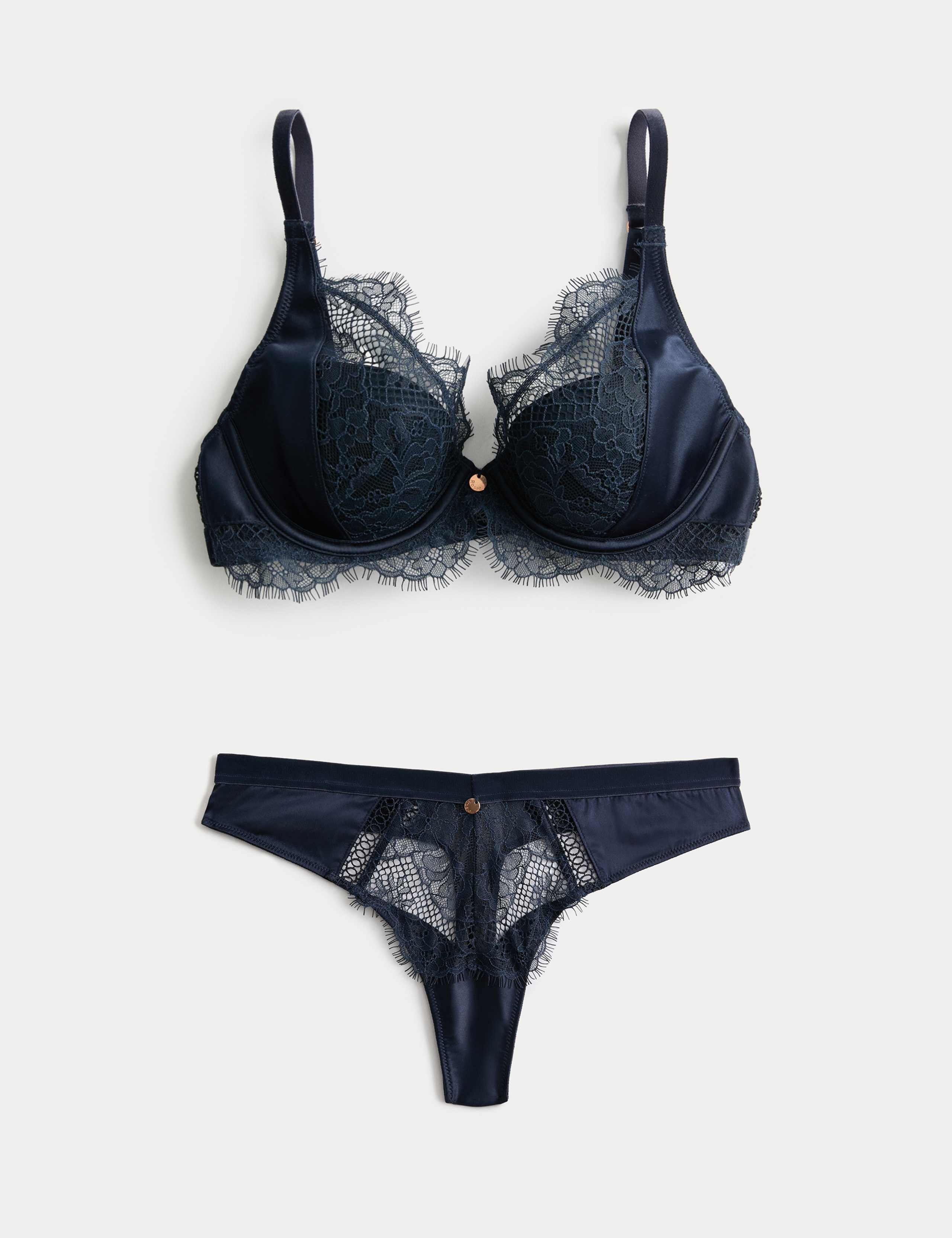 Saffron Satin & Lace Wired Plunge Bra Set A-E 1 of 6