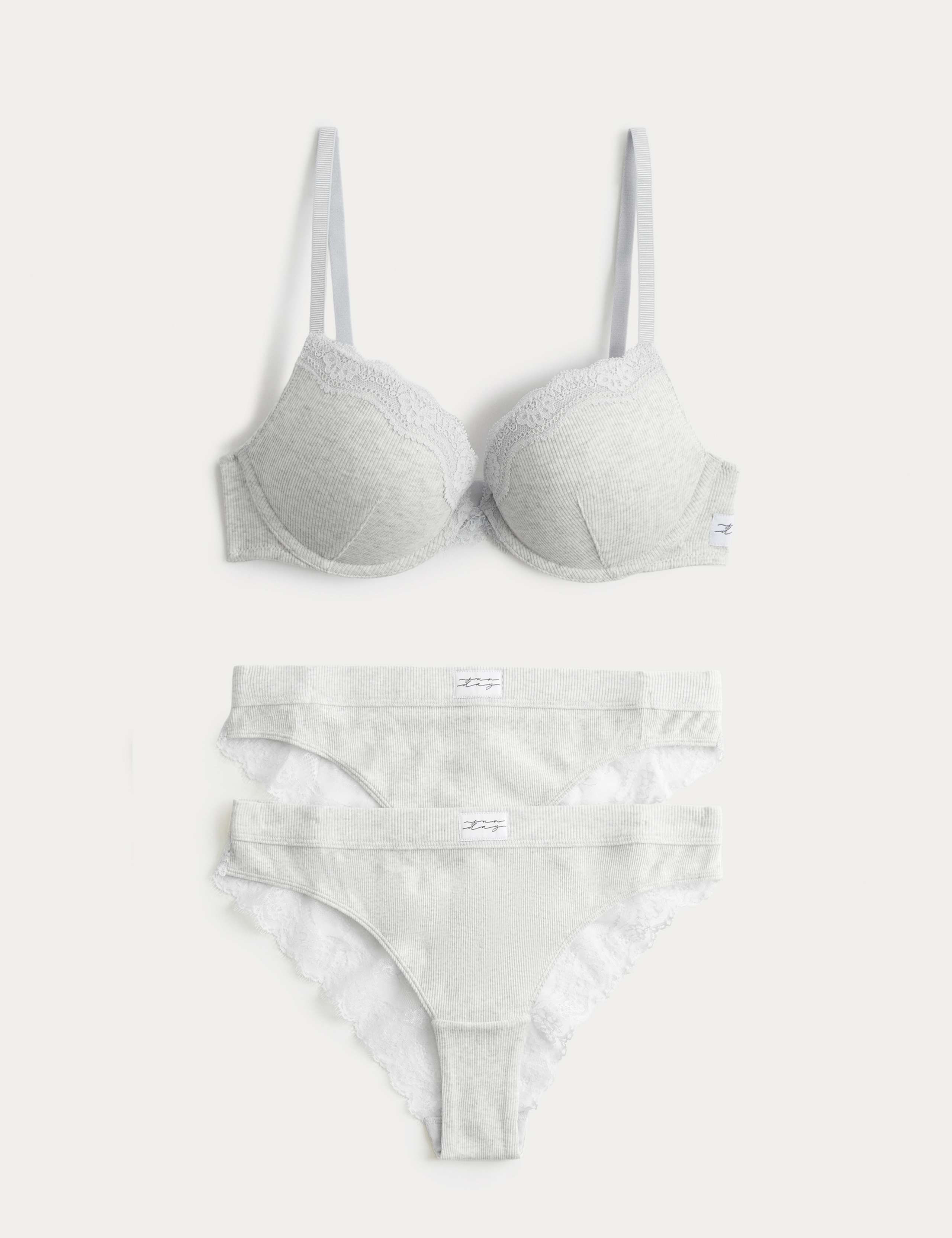 Juni Cotton Rib Wired Push-Up Plunge Bra Set A-E 1 of 6