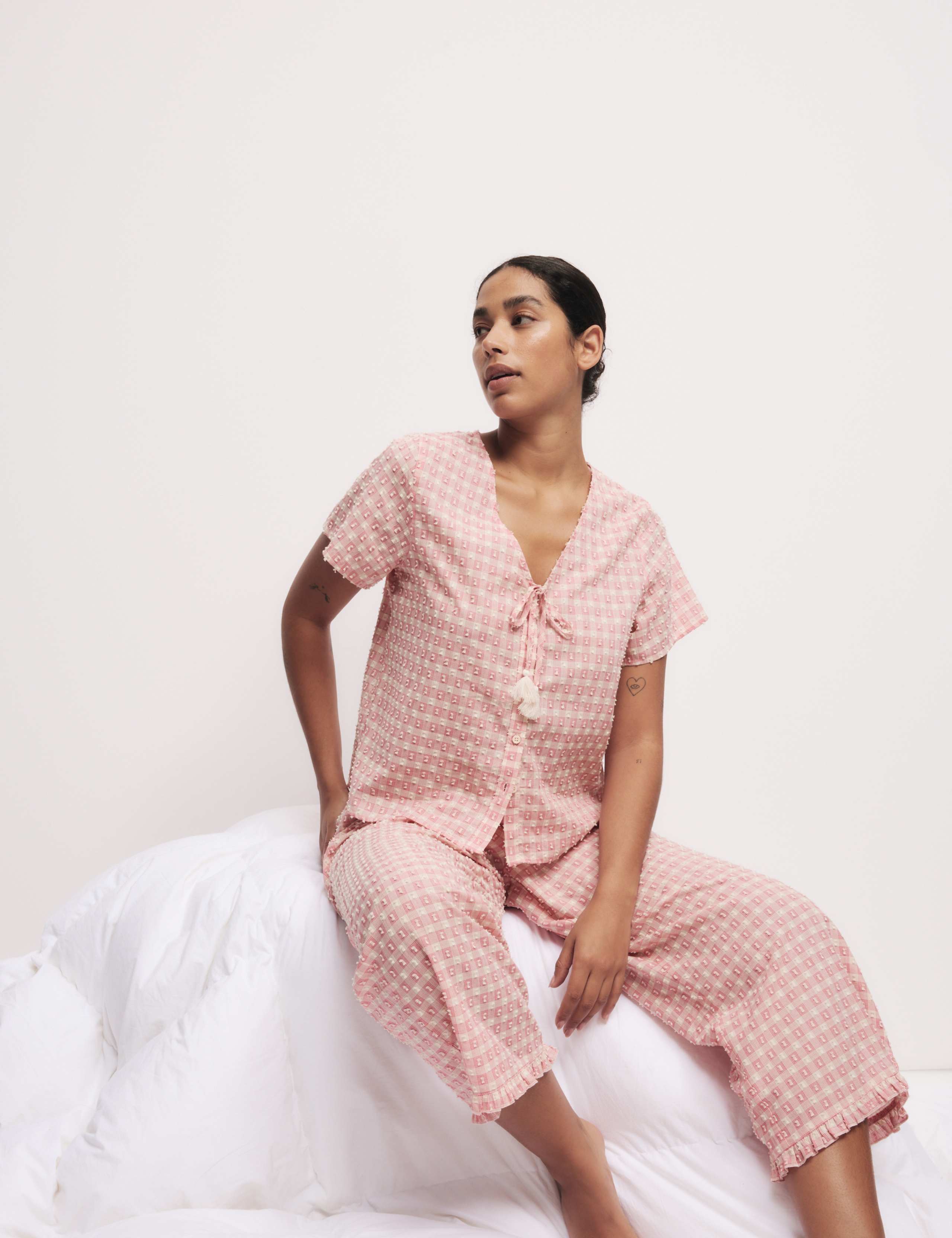 Pure Cotton Gingham Tie Front Pyjama Set