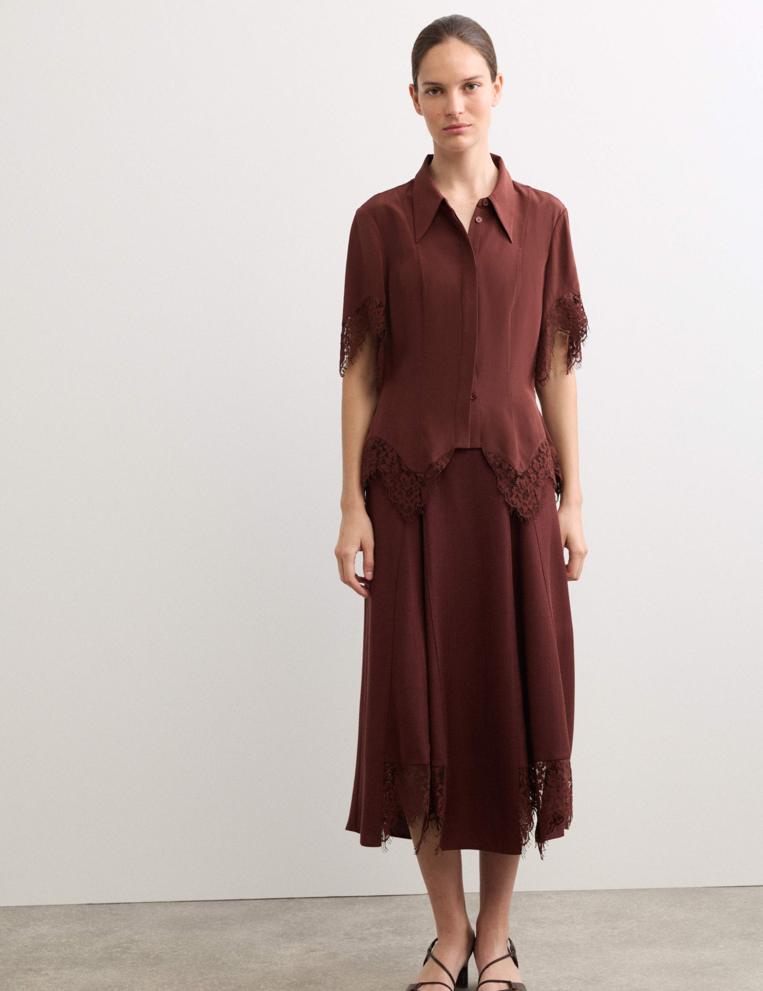 Pure Silk Lace Insert Shirt & Skirt Set