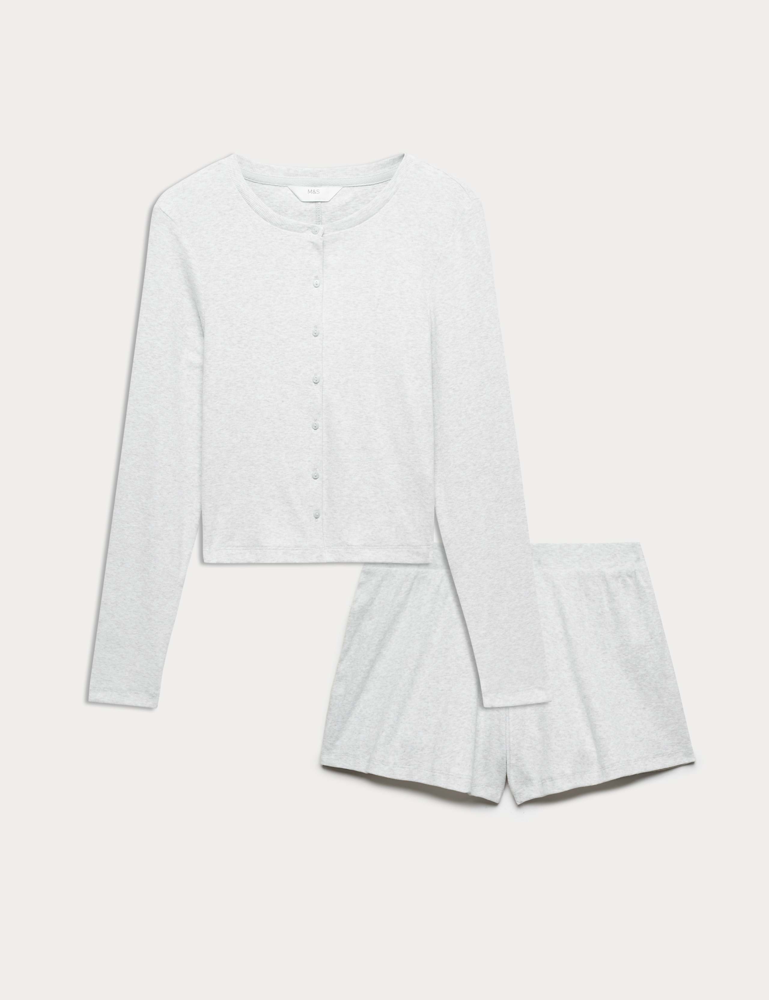 Cotton Rich Ribbed Button Down Pyjama Top & Short Set 1 of 6