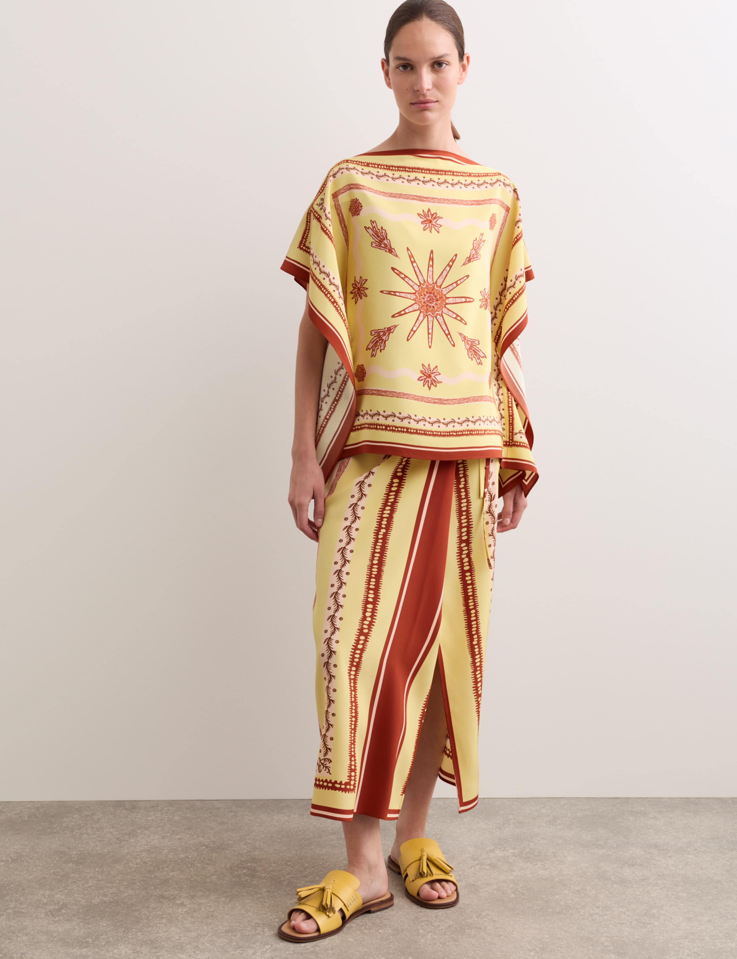 Pure Silk Printed Slash Neck Top & Skirt Set