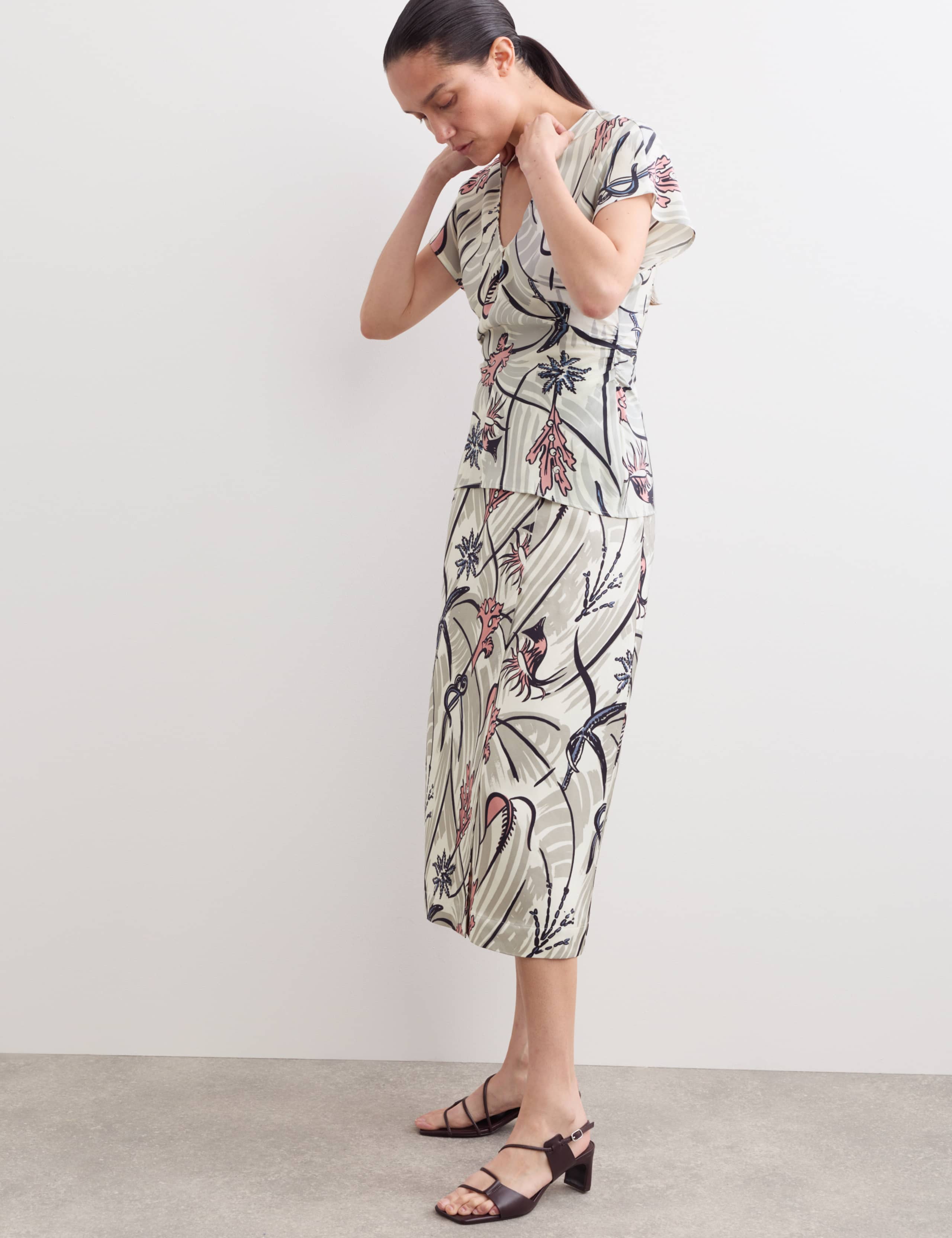 Pure Silk Floral Ruched V-Neck Top & Trouser Set