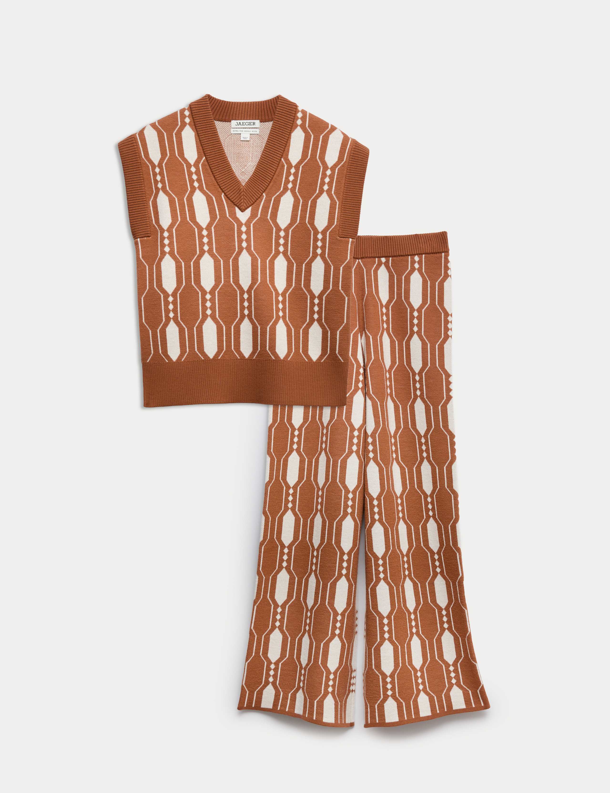 Pure Merino Wool Geometric V-Neck Tabard & Trouser Set 1 of 6