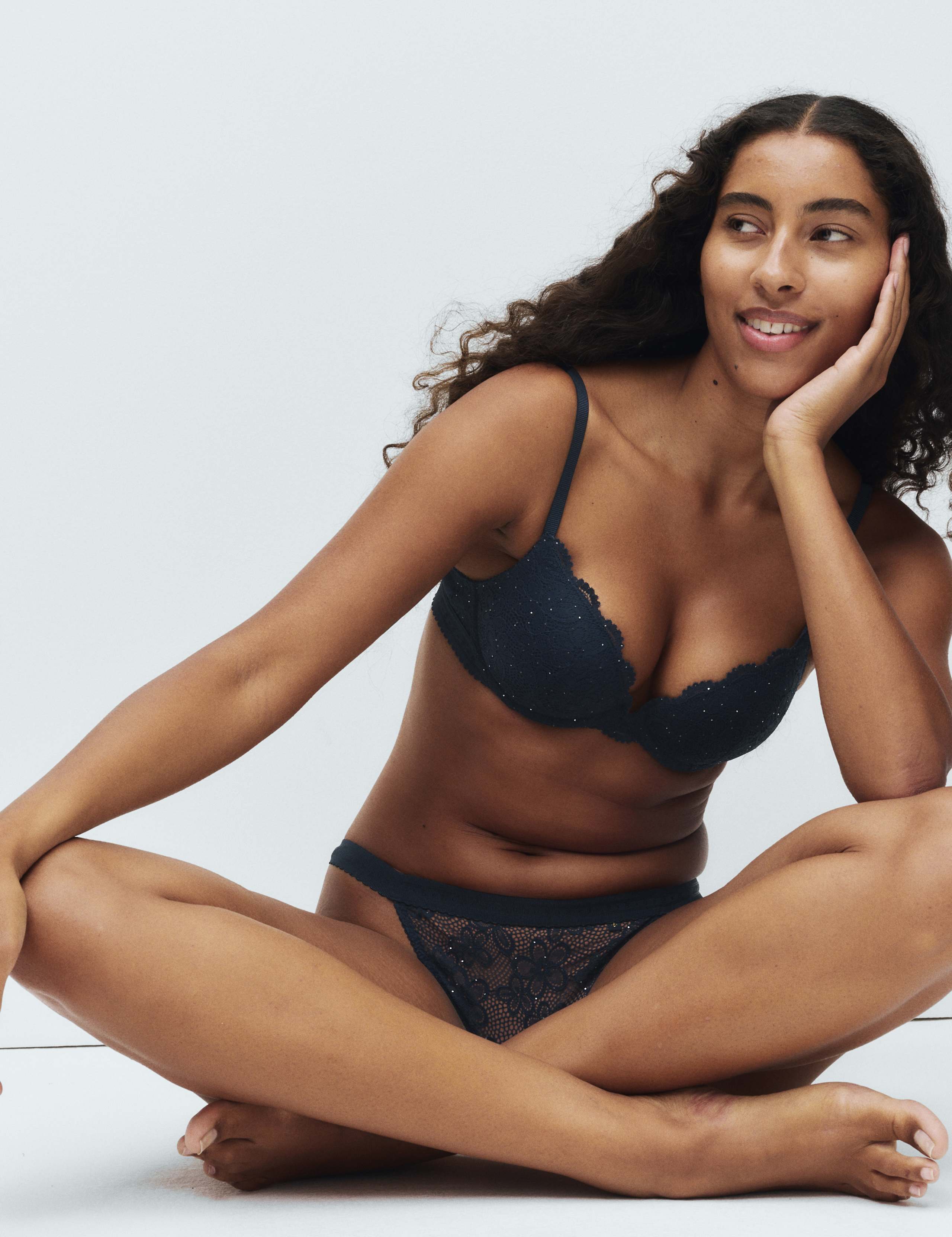 Cleo Sequin Lace Wired Push Up Plunge Bra Set A-E