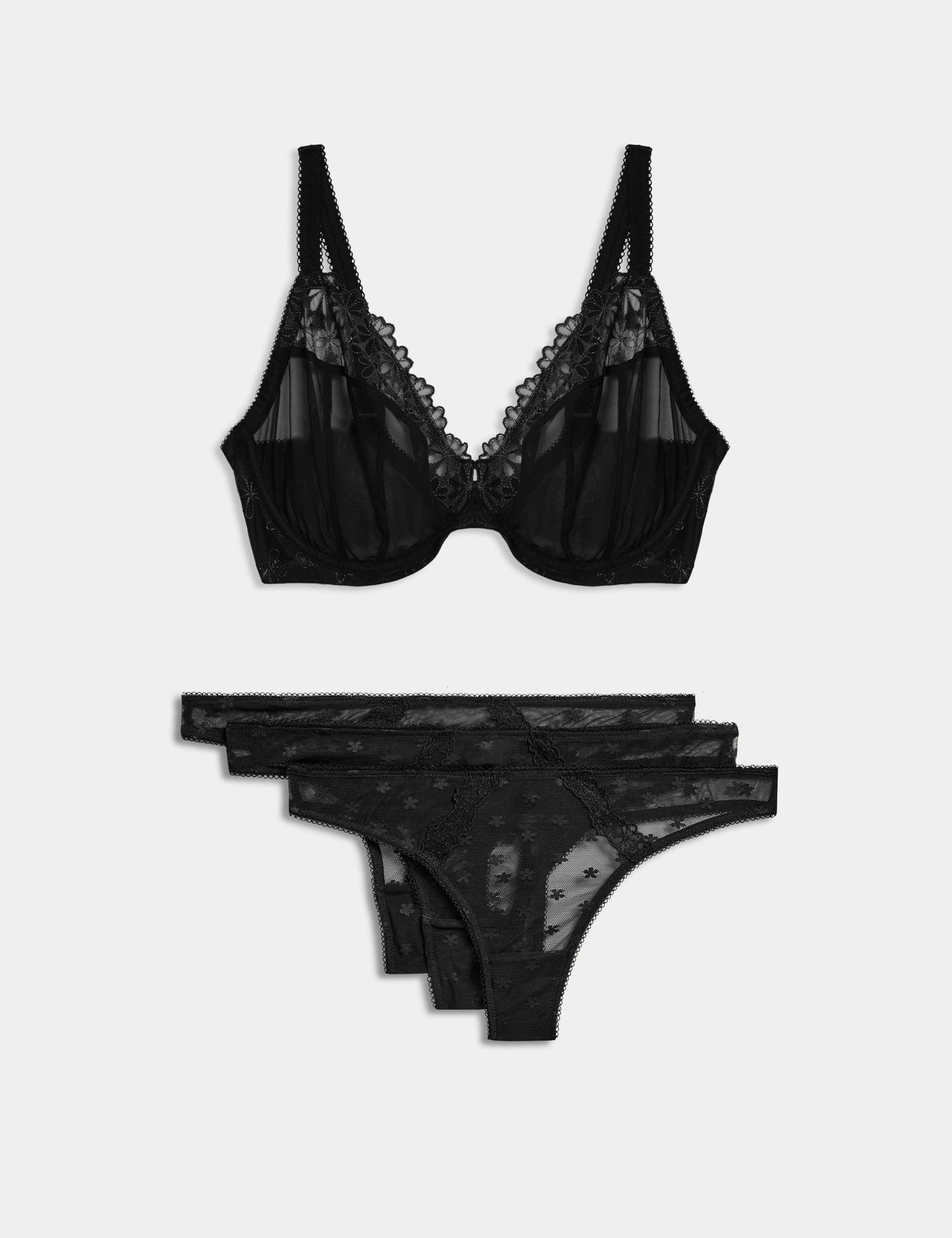Daisy Embroidery Wired Plunge Bra Set F-H 1 of 6