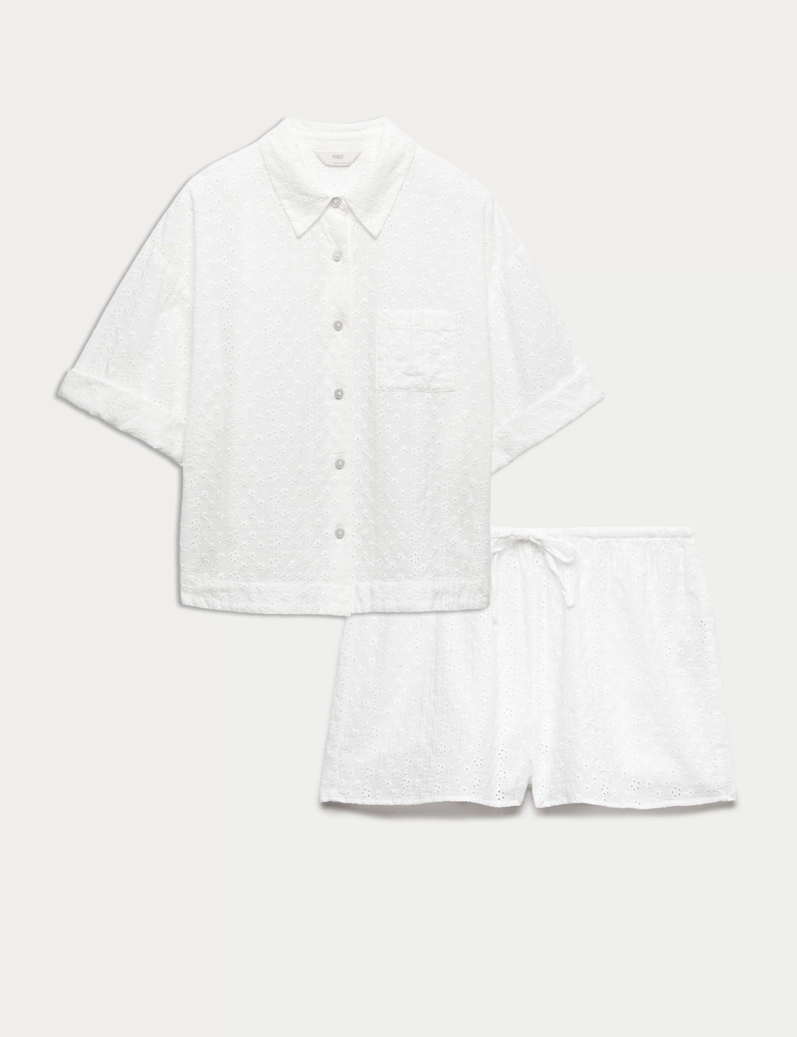 Pure Cotton Broderie Short Sleeve Pyjama Shirt Set 1 of 6