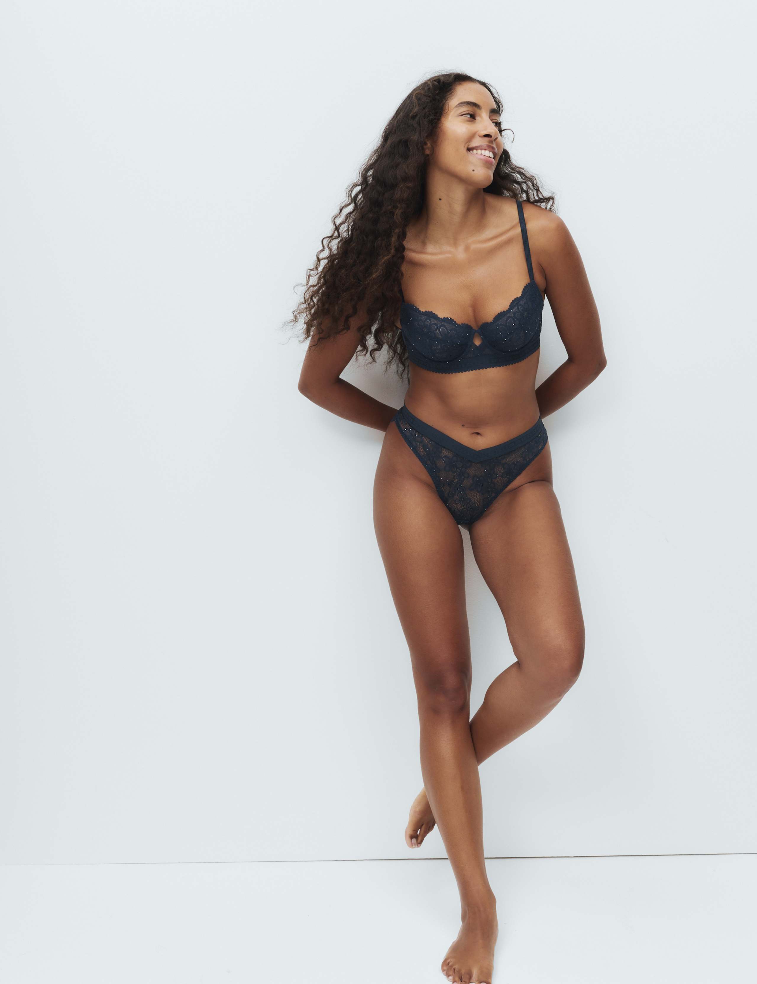 Cleo Sequin Lace Wired Balcony Bra Set A-E
