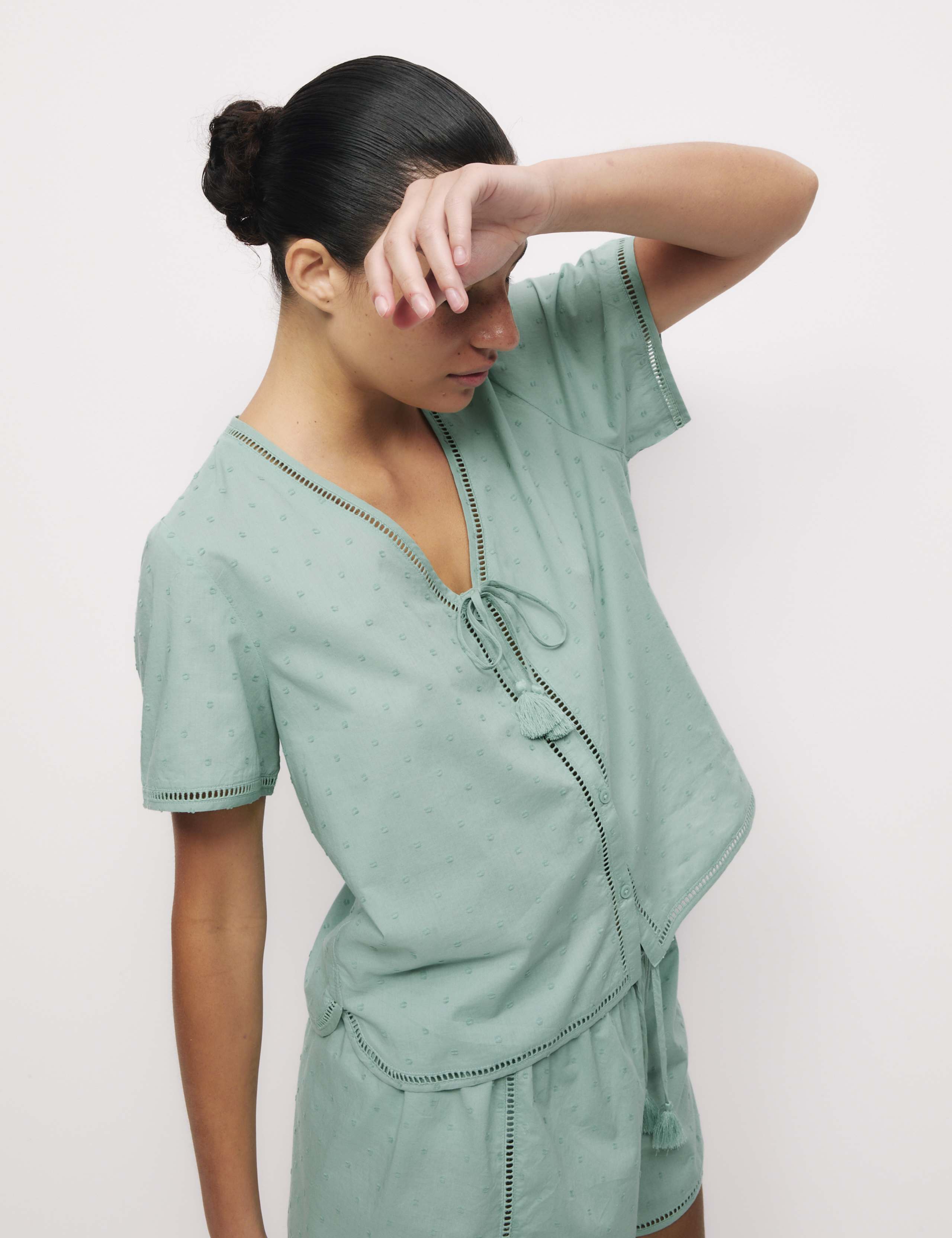 Pure Cotton Dobby Tie Front Pyjama Top Set 2 of 4