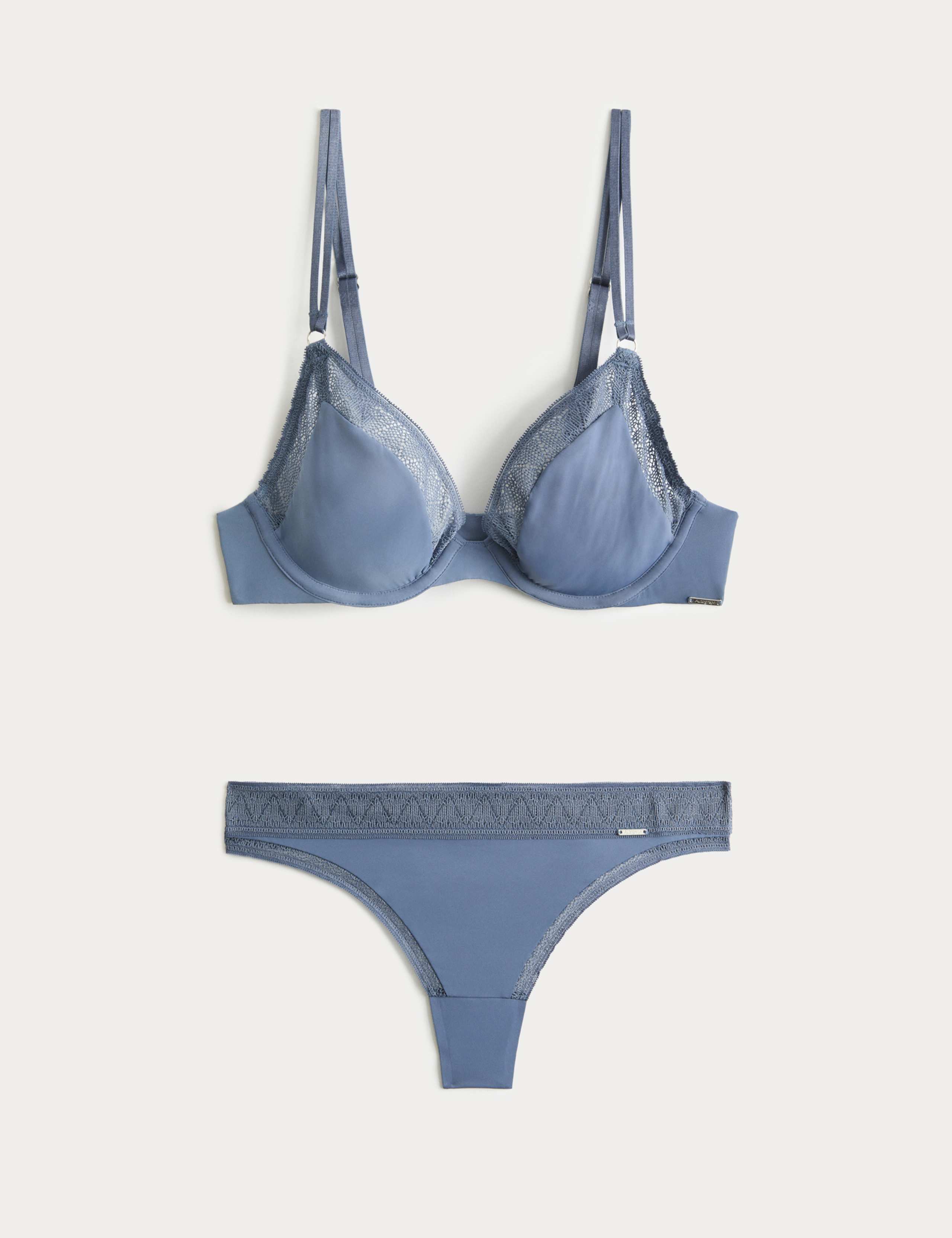 Boston Microfibre Lace Trim Wired Plunge Bra Set 1 of 6
