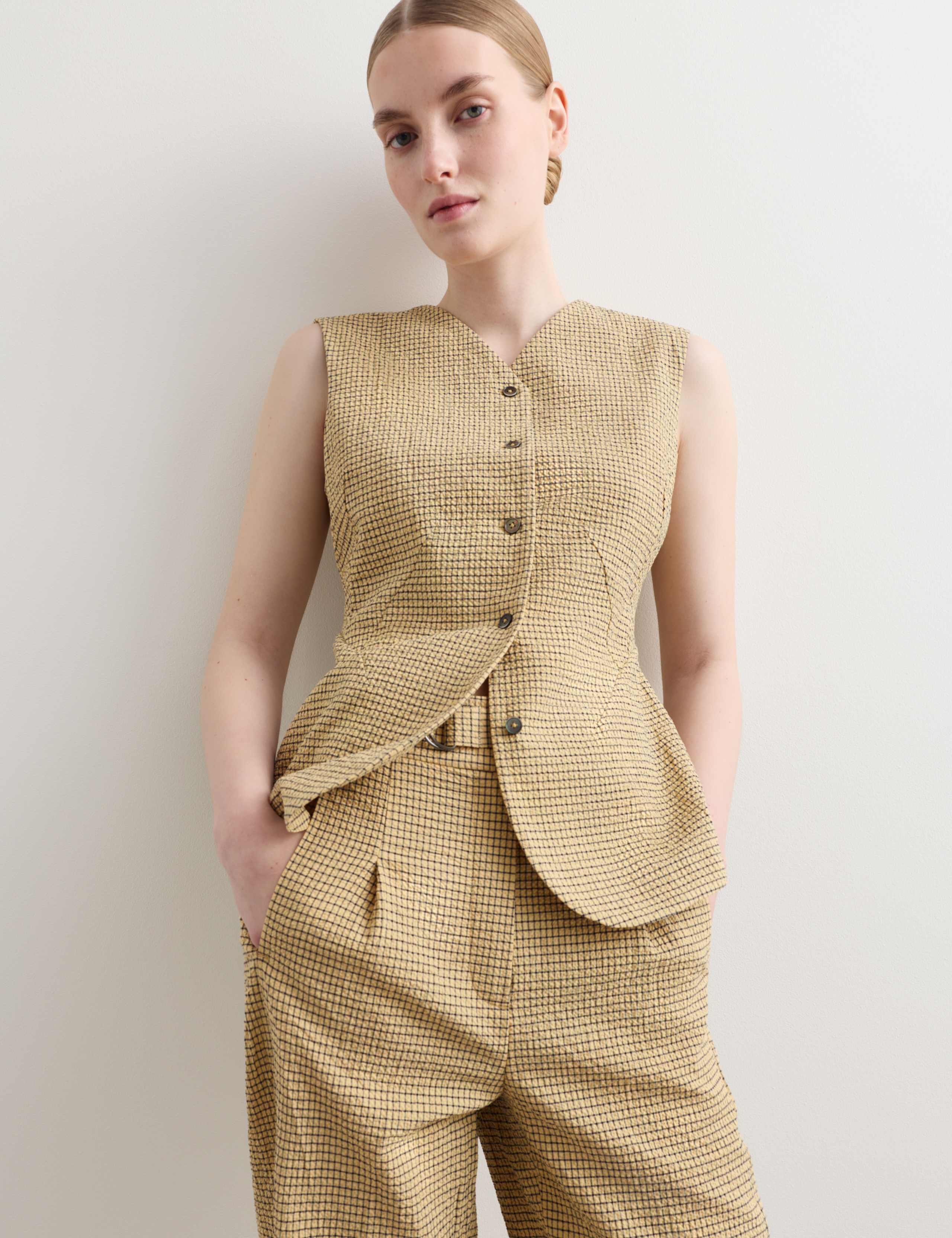 Cotton Rich Checked Seersucker Waistcoat & Trousers Set