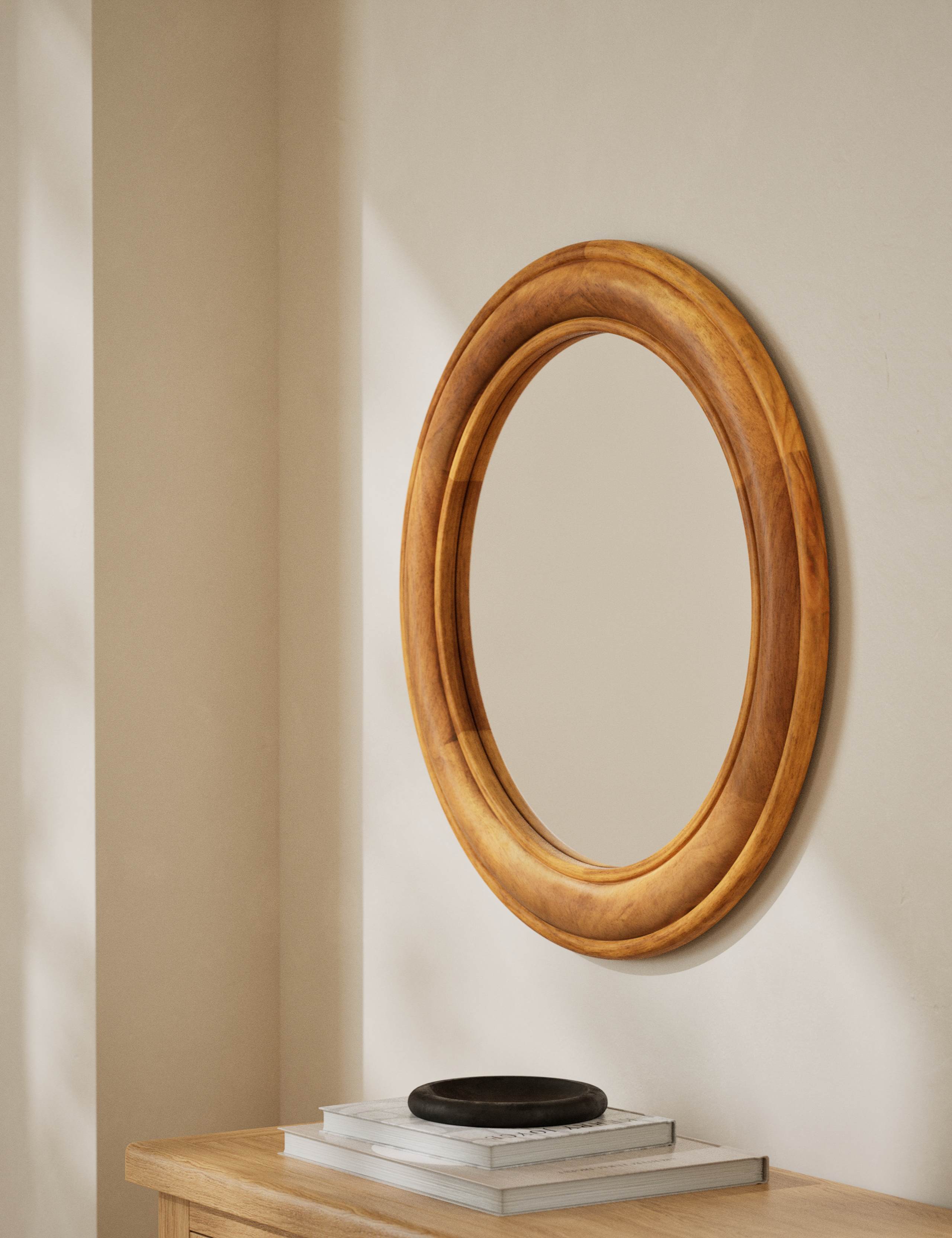 Wide Wood Round Wall Mirror