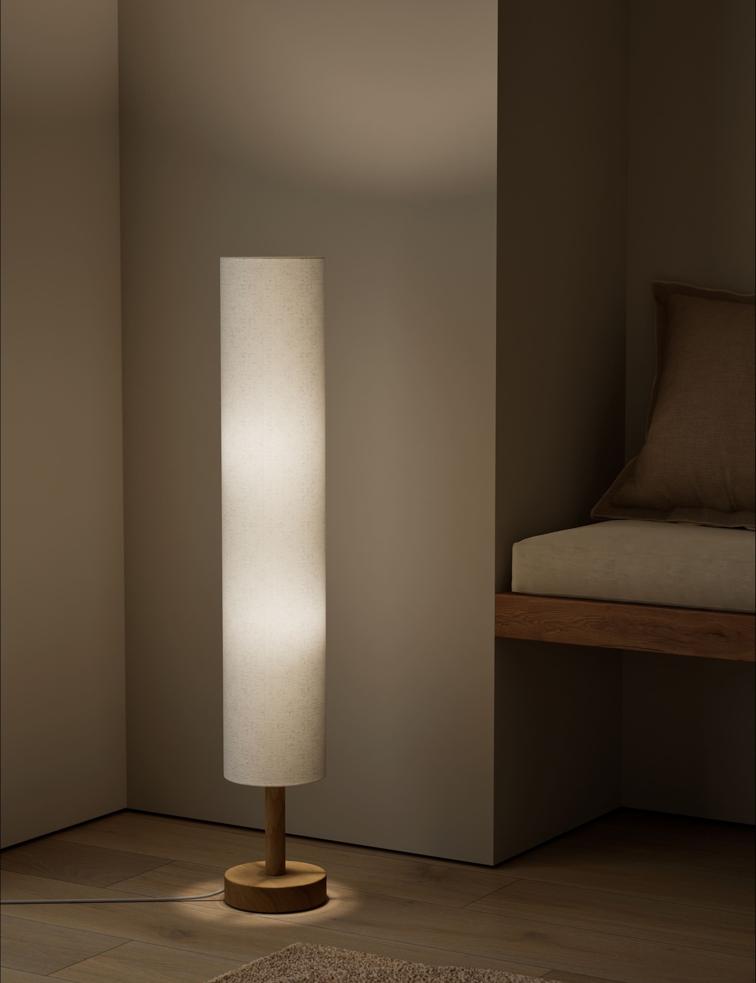 Fabric Cylinder Shade Wood Base Floor Lamp