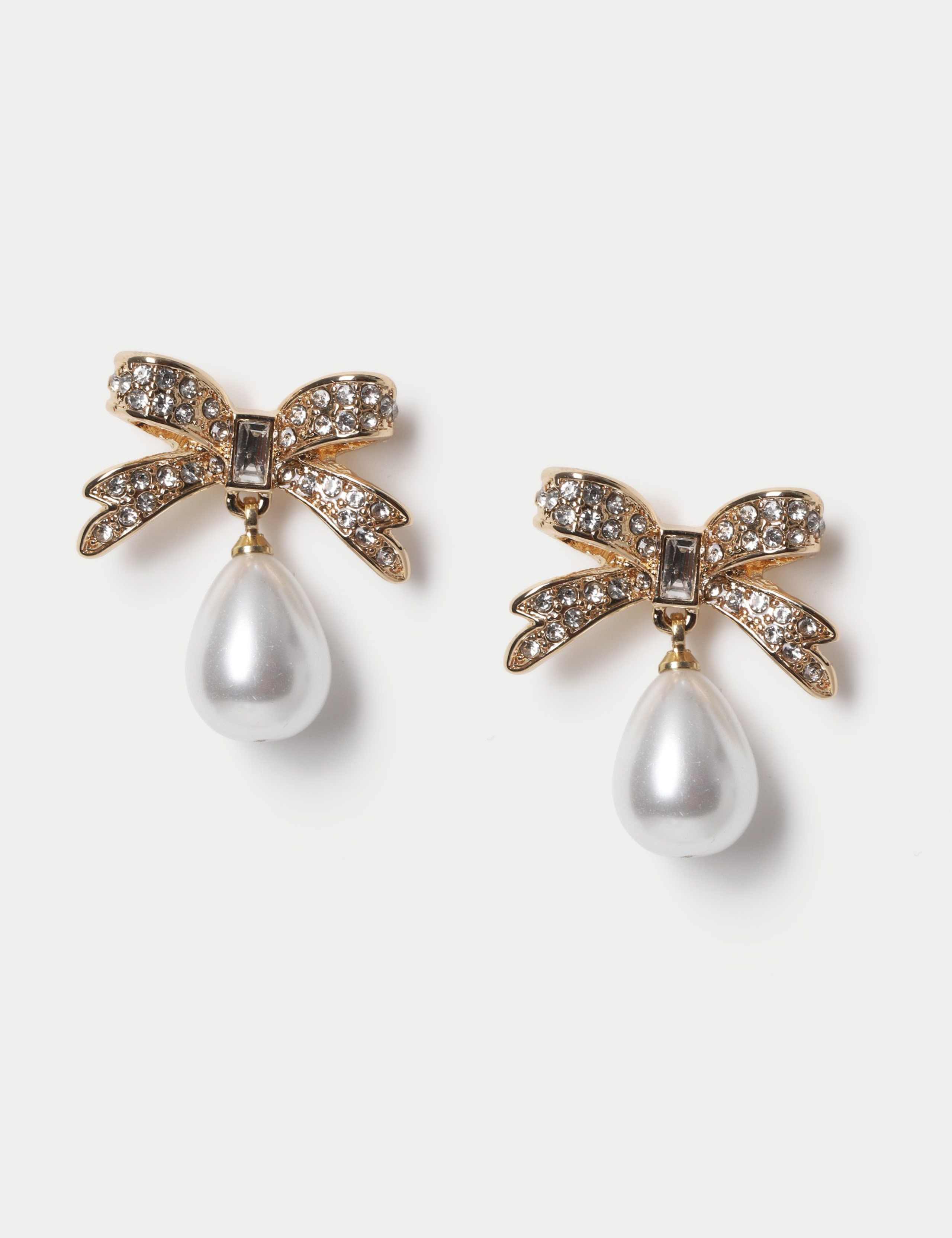 Rhinestone Bow and Pearl Drop Earrings