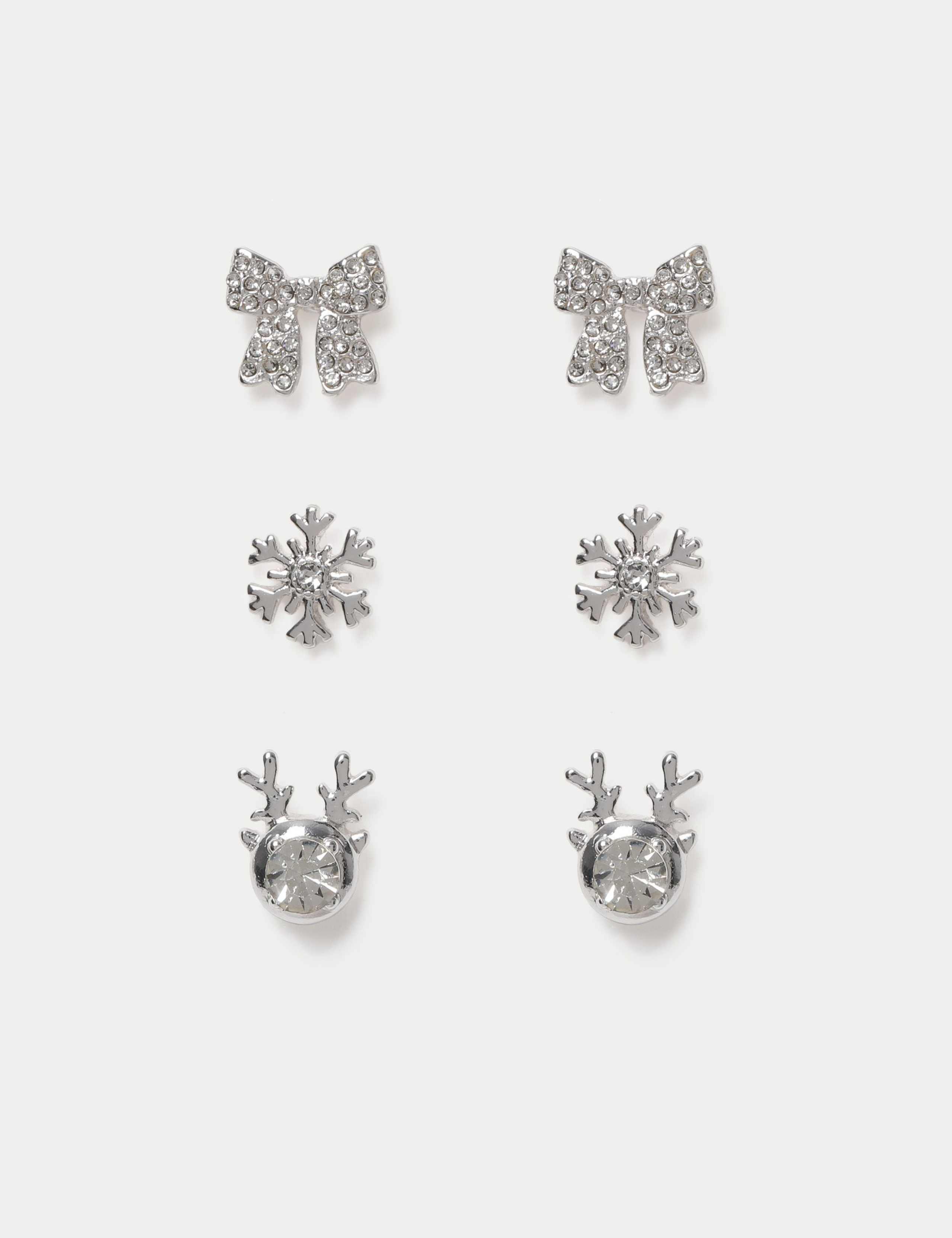 Snowflake Bow and Reindeer Stud Earrings