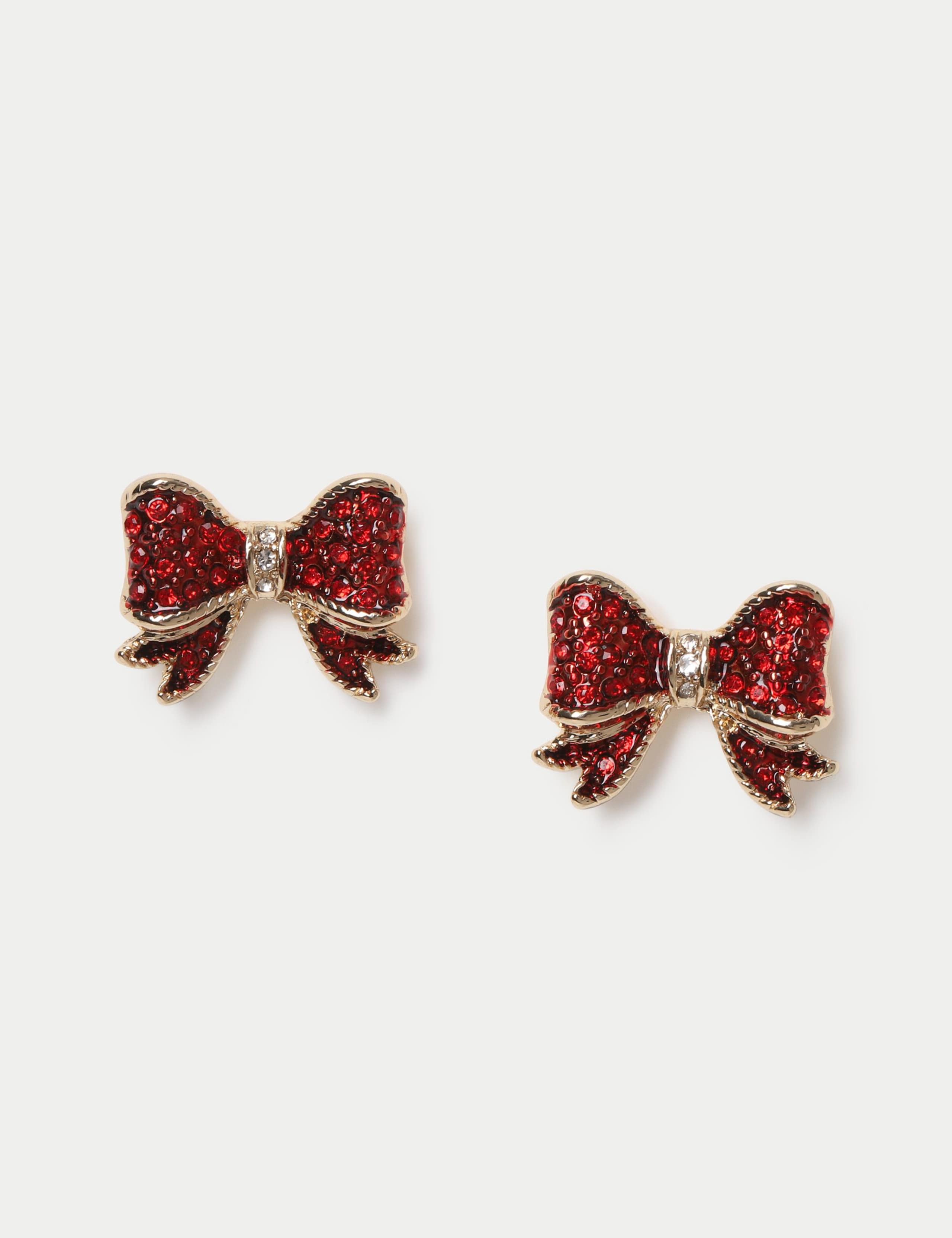 Red Rhinestone Bow Stud Earrings