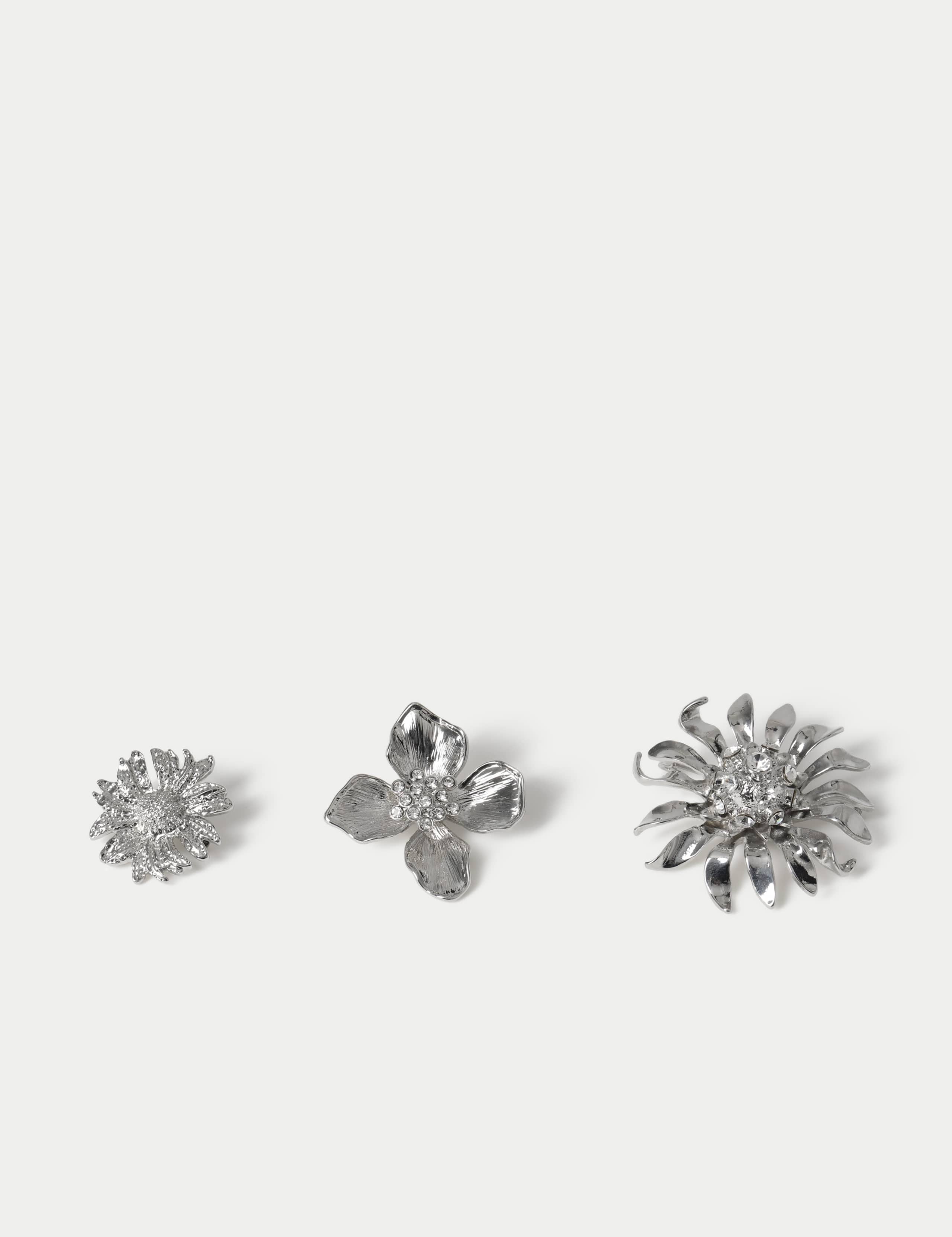 3 Pack  Silver Tone Embellished Flower