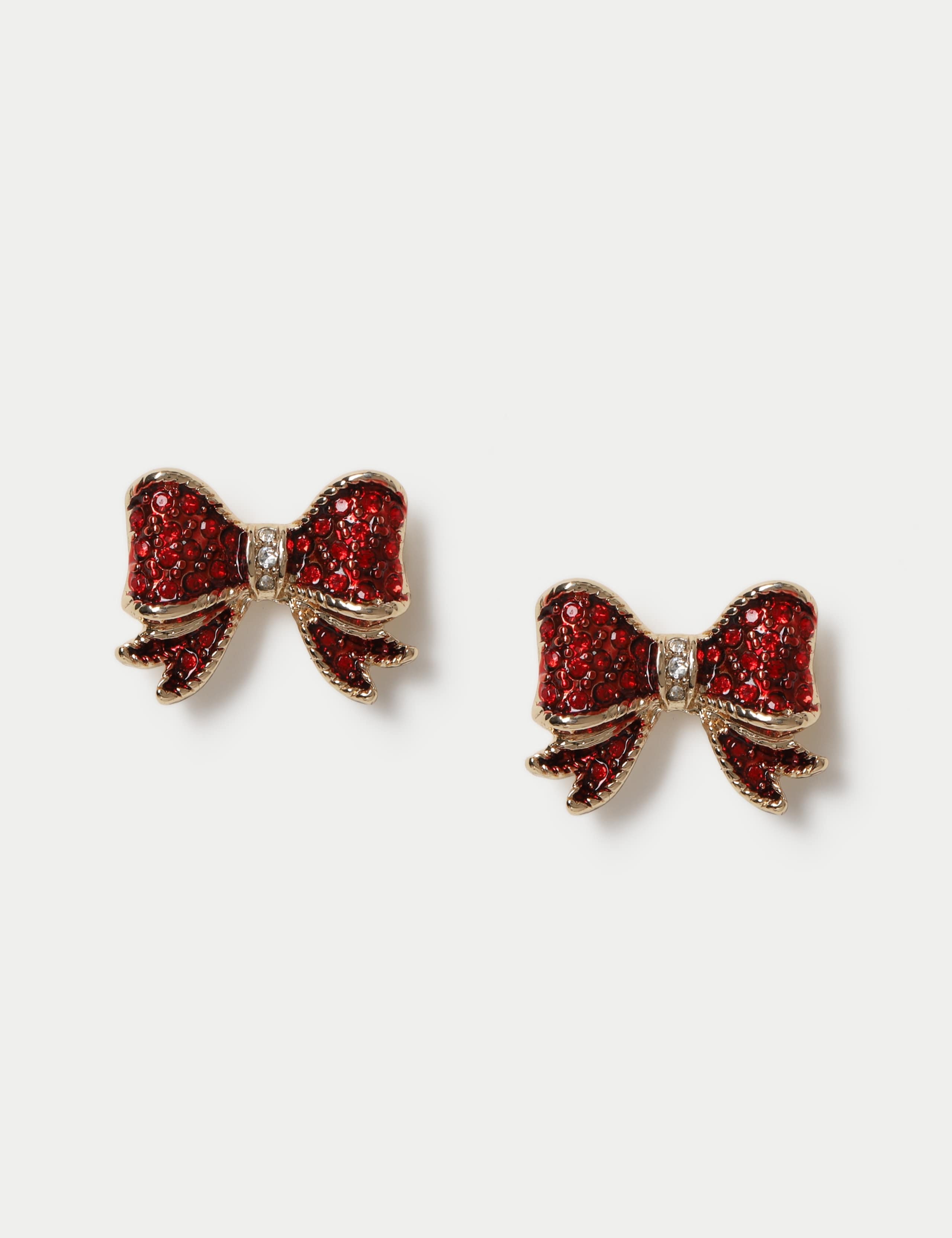 Christmas Red Cyrstal Bow Stud Earrings