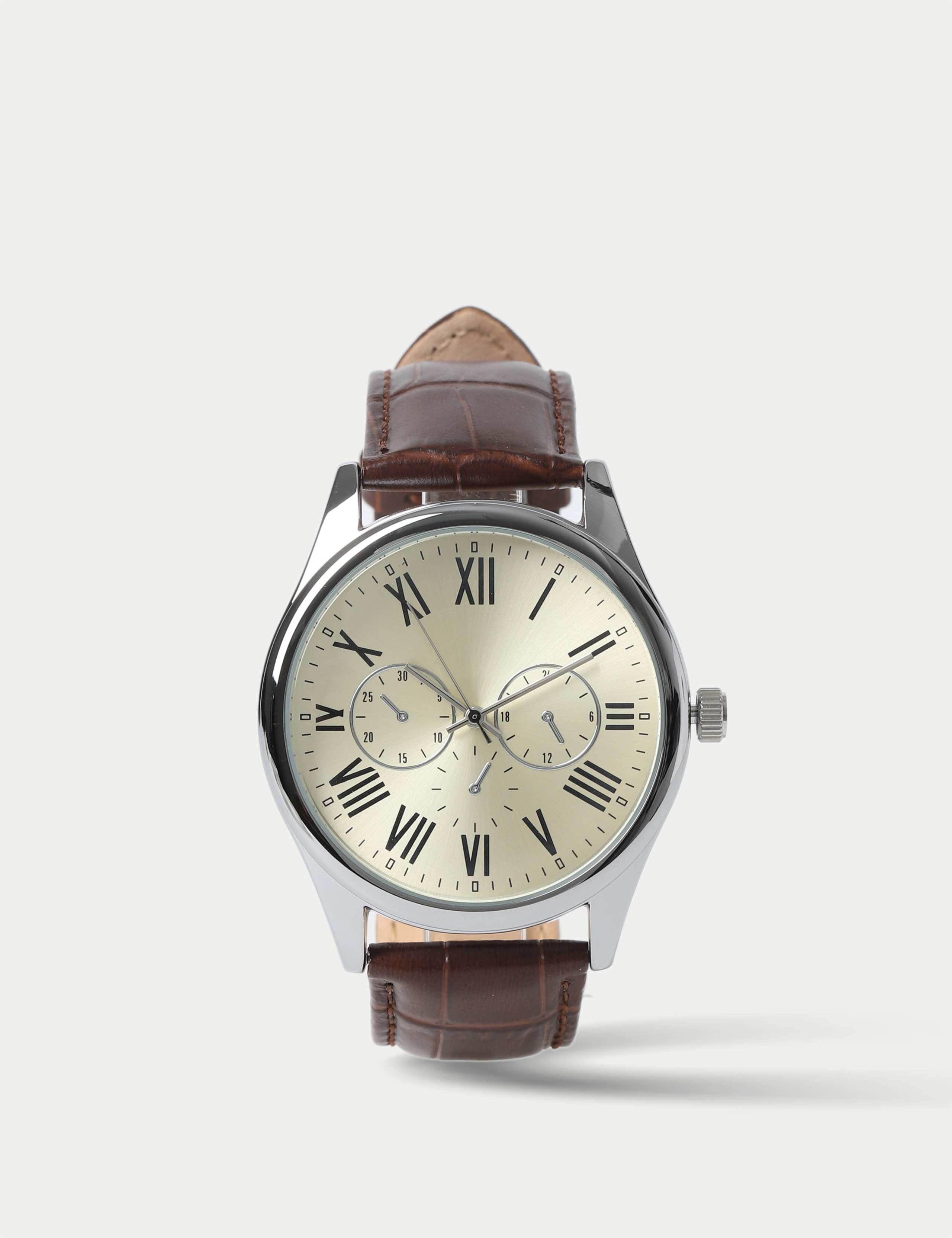 Silver Tone Round Face Croc Strap Watch