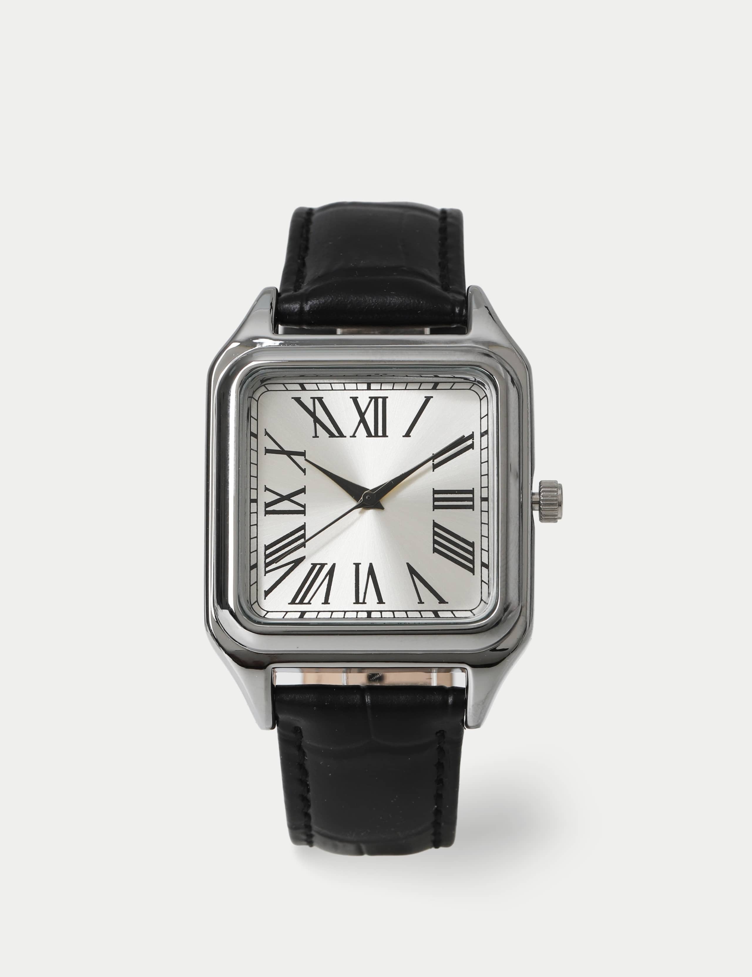 SILV SQUARE LEATHER STRAP WATCH
