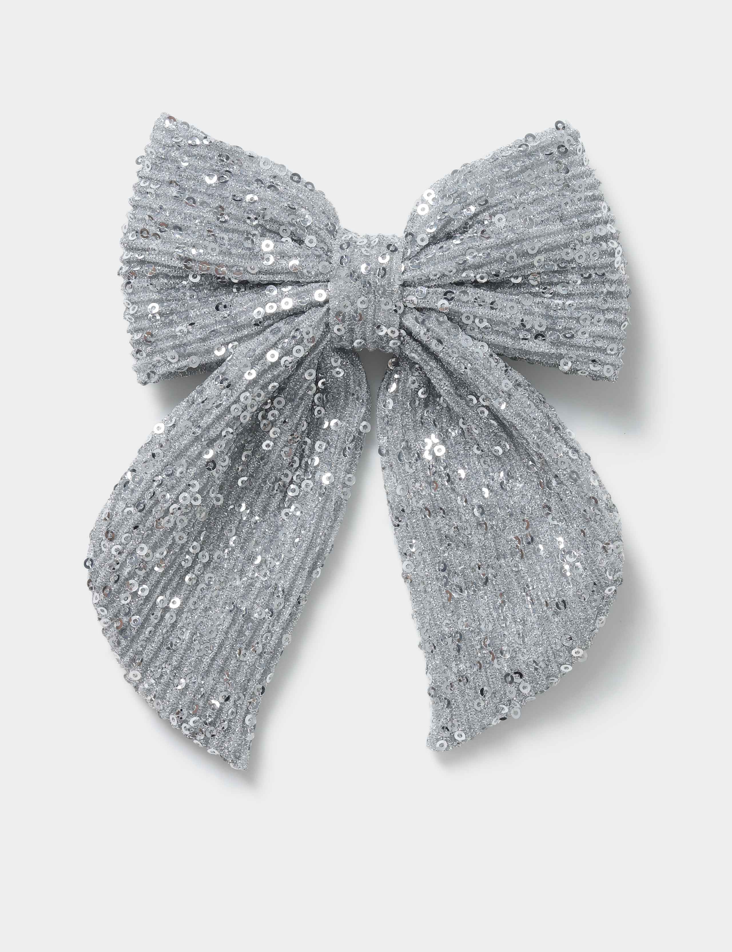 Silver Sequin Hair Bow Clip