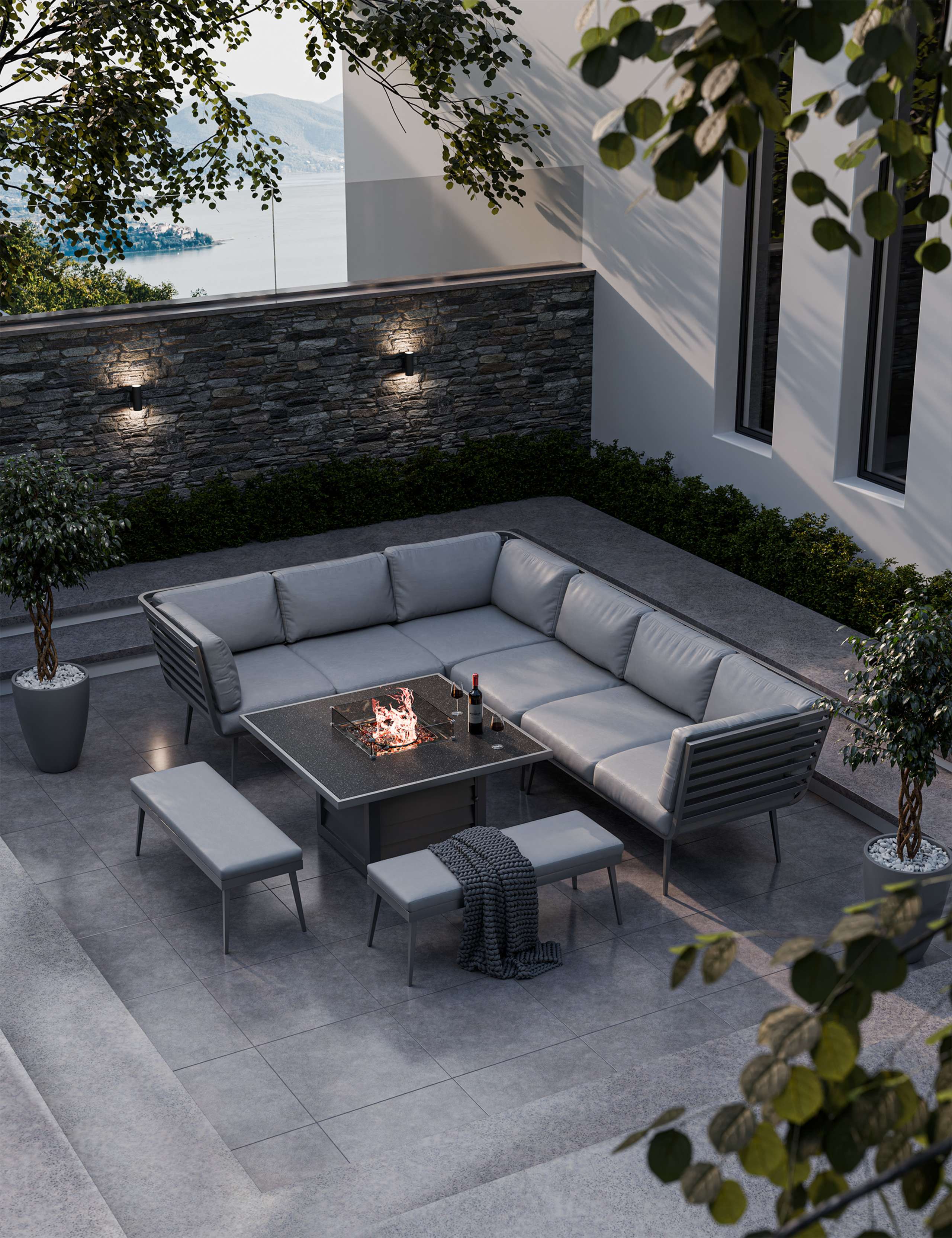 Mayfair Fire Pit Corner Lounging Set With 2 Benches