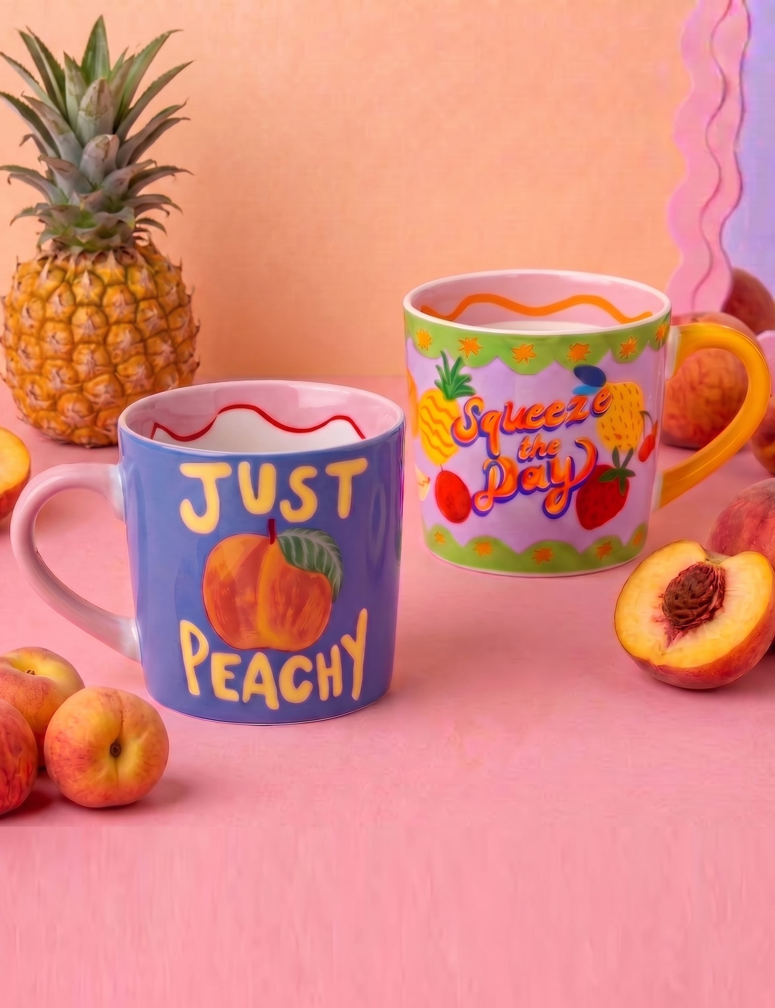 Set of 2 Squeeze the Day & Just Peachy Mugs