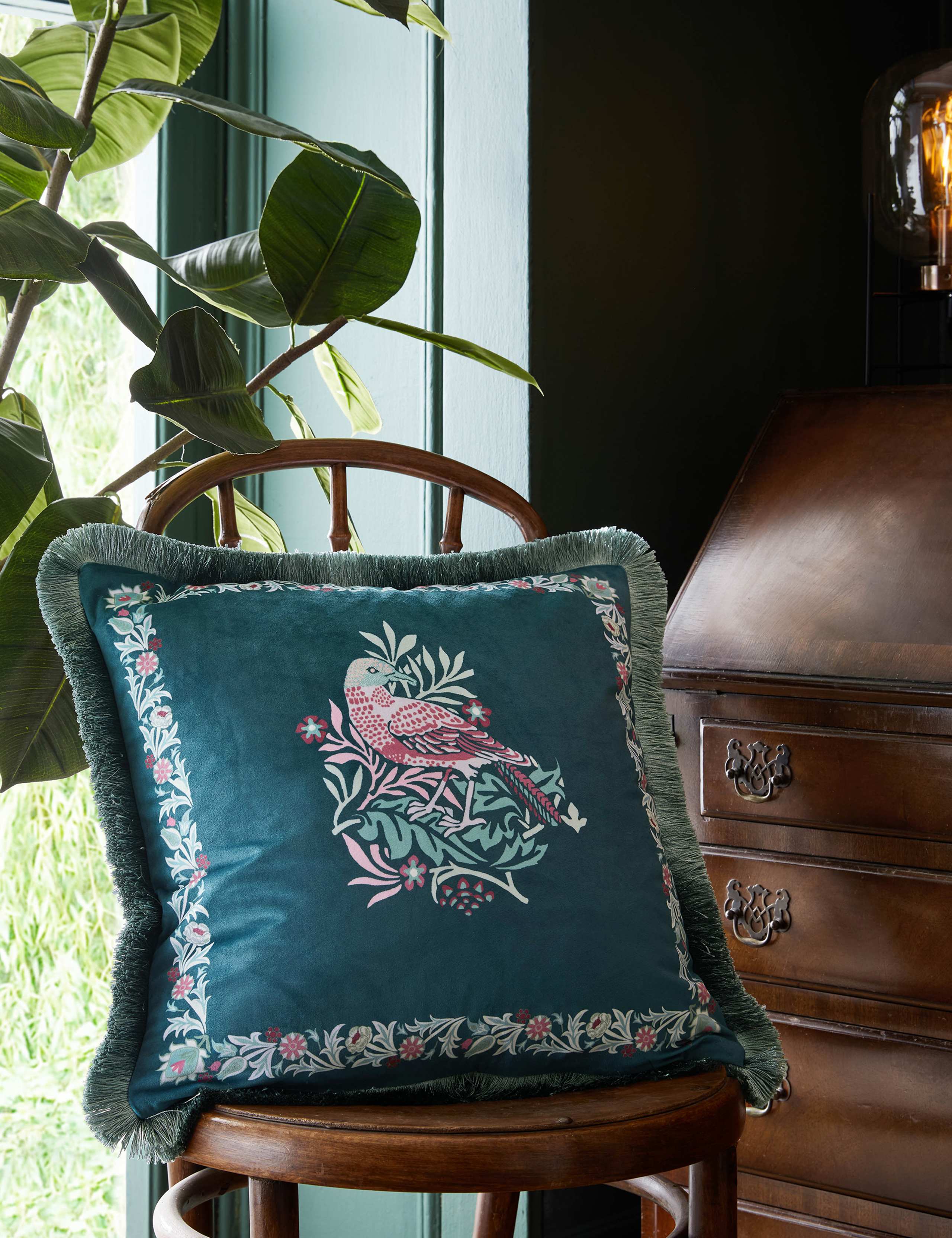 Velvet Bird Fringed Cushion