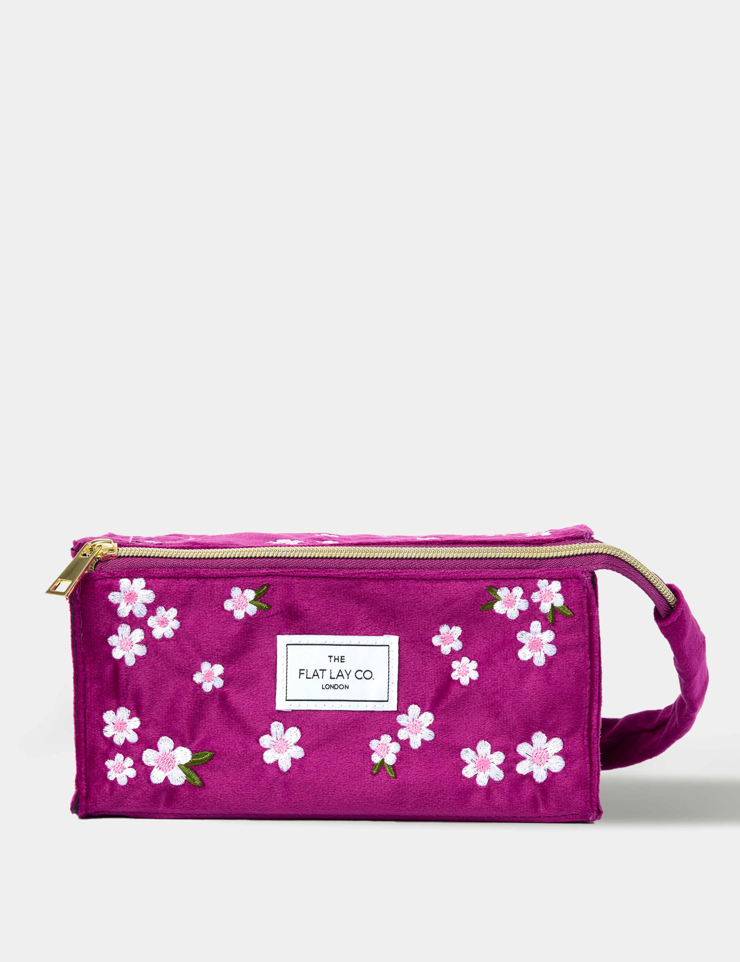 Open Flat Box Makeup Bag in Embroidered Daisy Plum Velvet