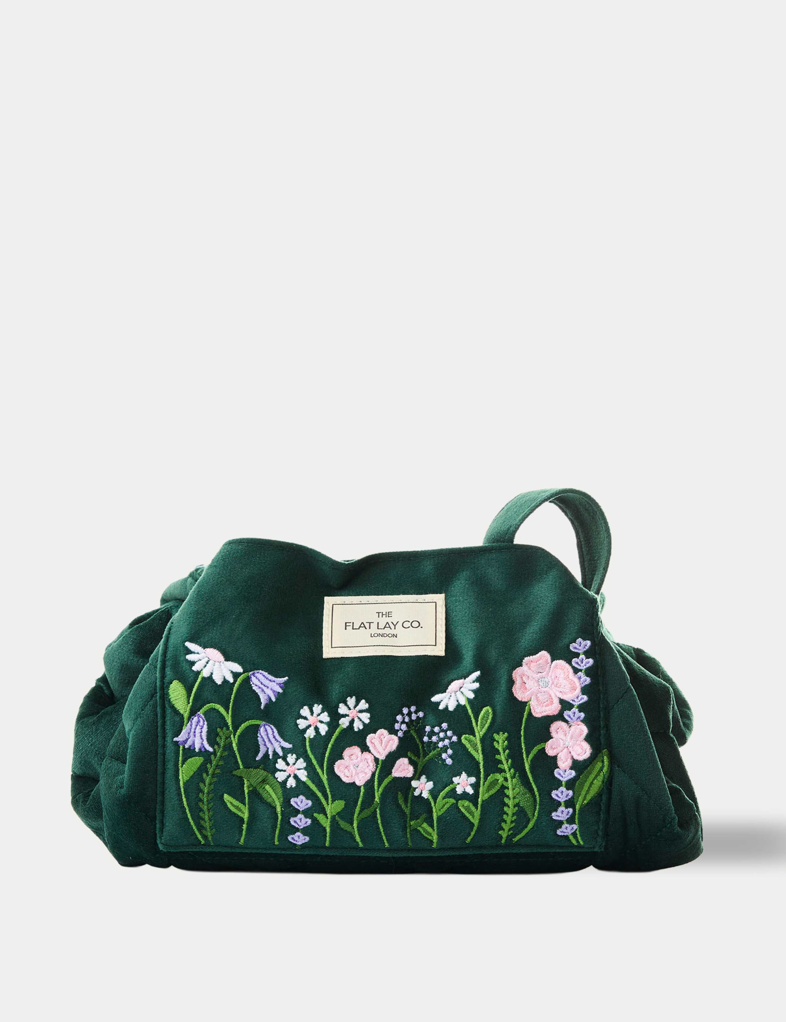 Drawstring Flat Lay Makeup Bag - Wildflowers Embroidered Velvet