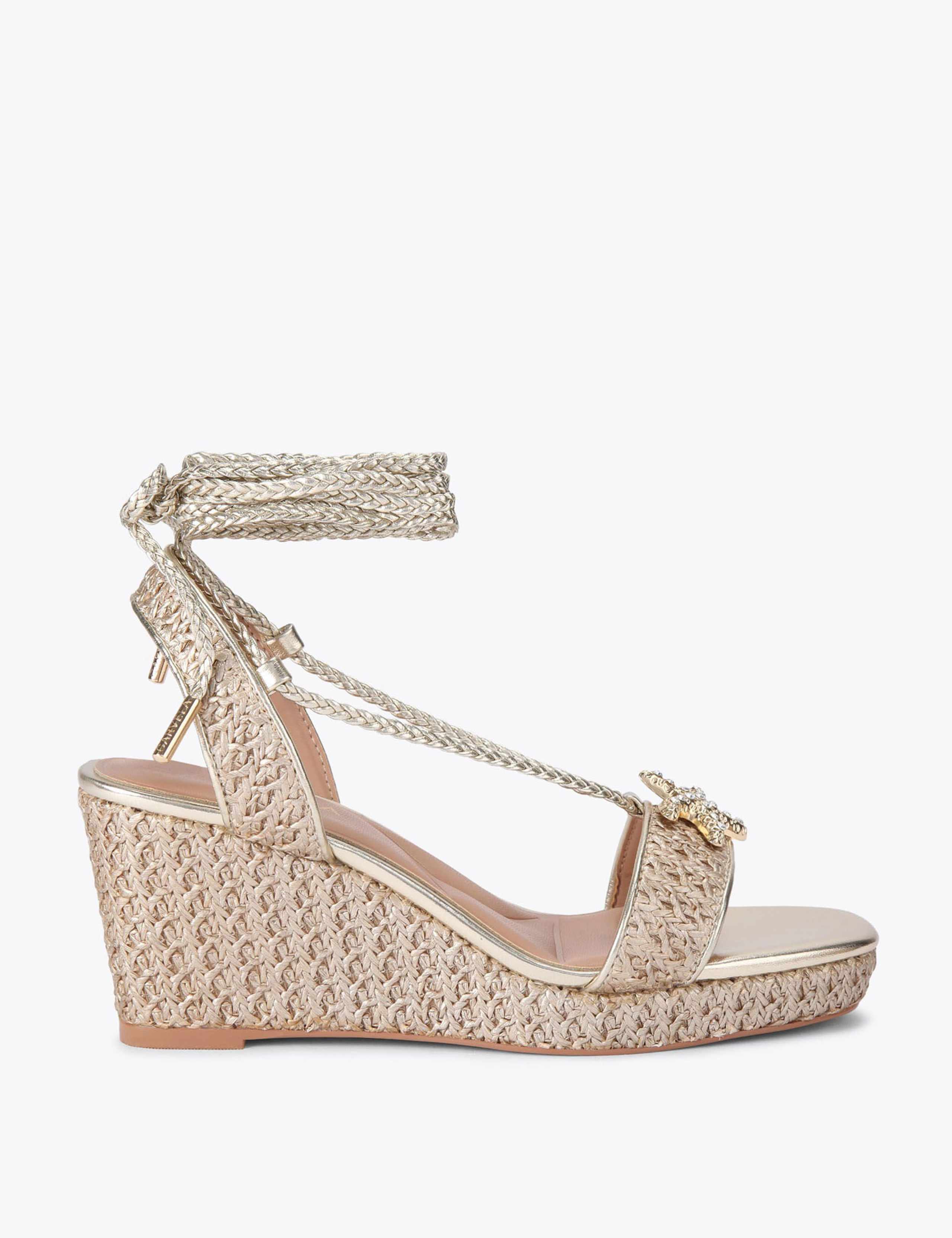 Metallic Woven Ankle Strap Wedge Sandals