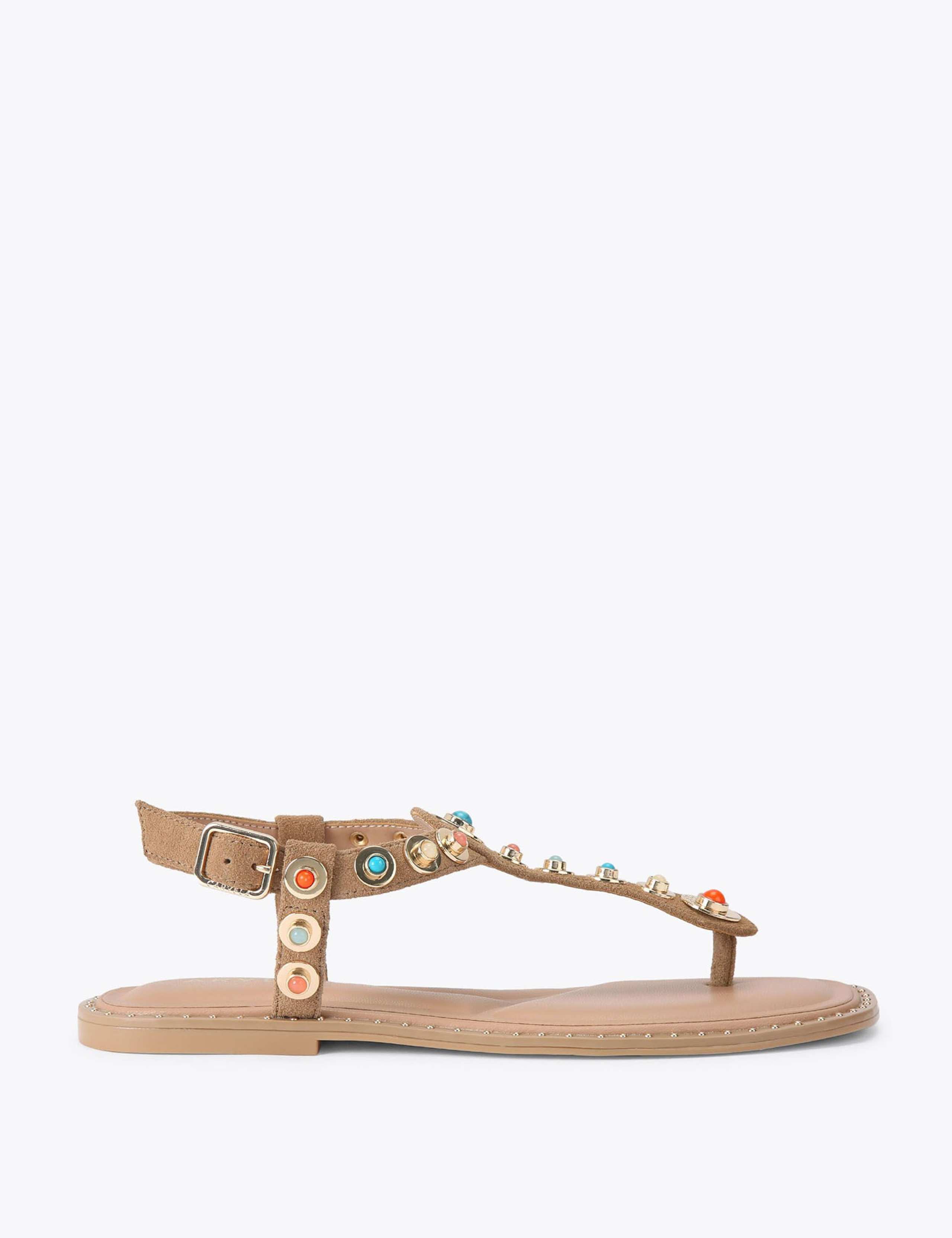 Suede Embellished T-Bar Flat Sandals