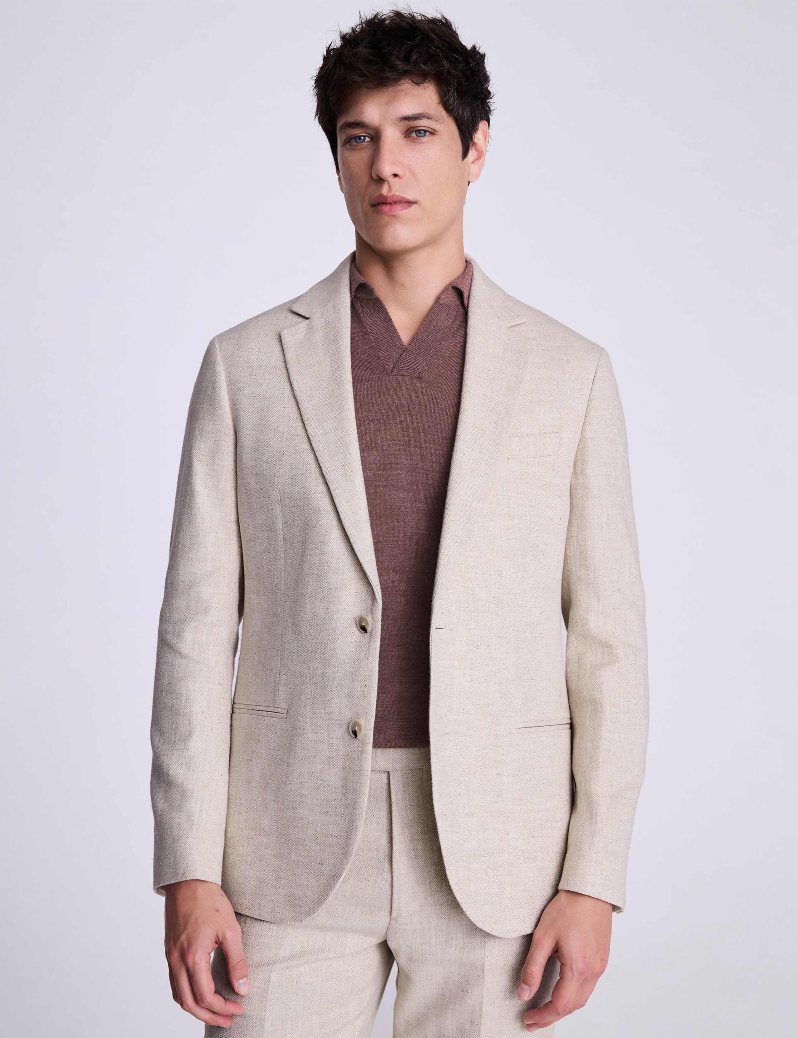 Tailored Fit Cotton Blend Herringbone Suit Jacket