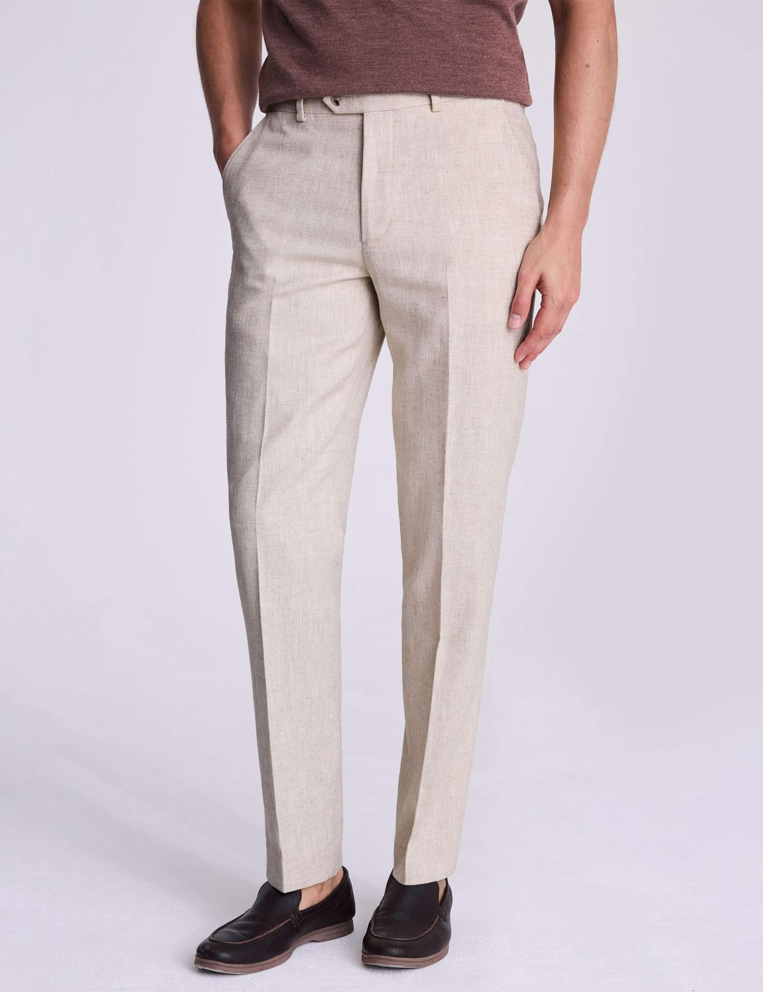 Tailored Fit Cotton Blend Herringbone Trousers