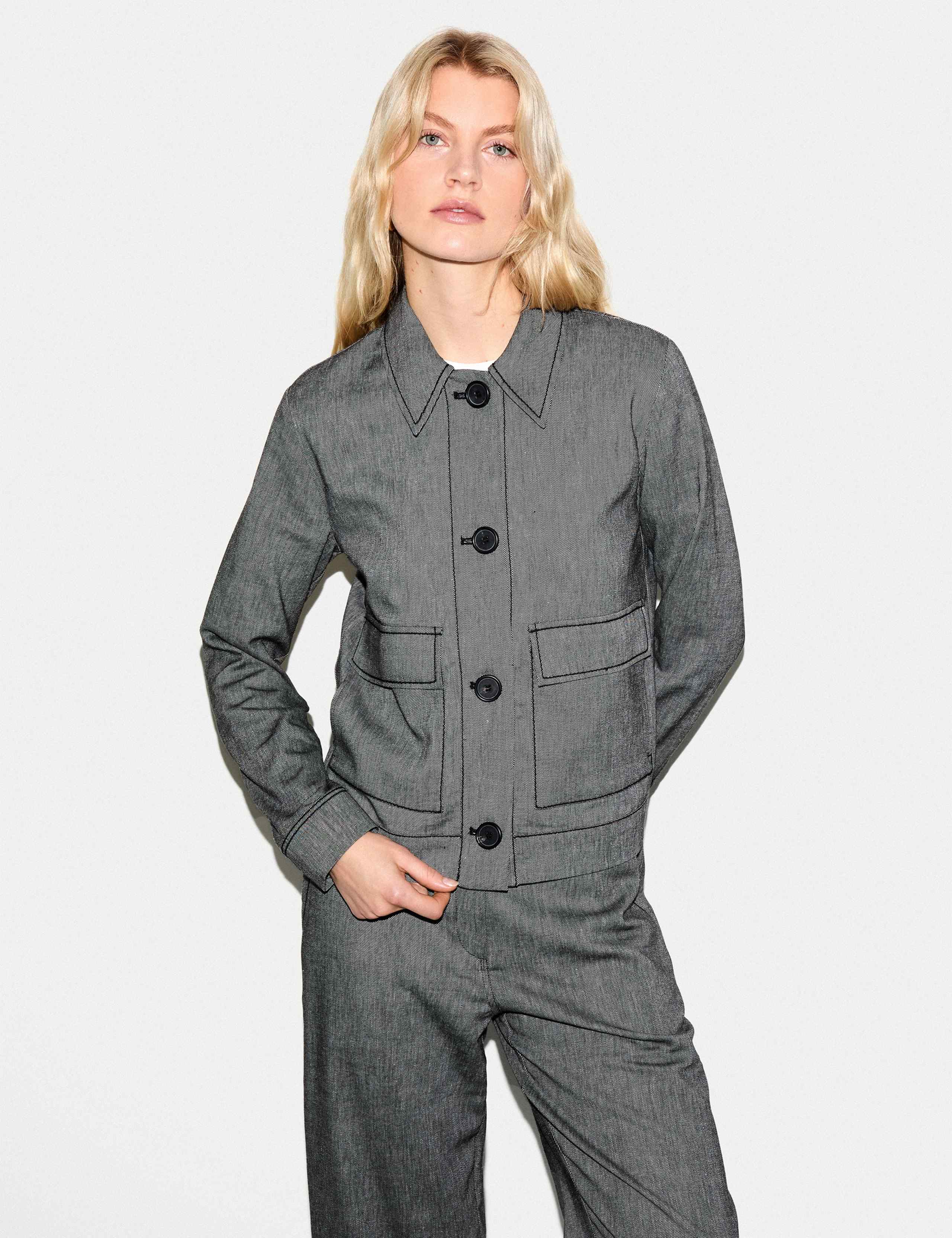 Textured Collared Utility Jacket with Linen