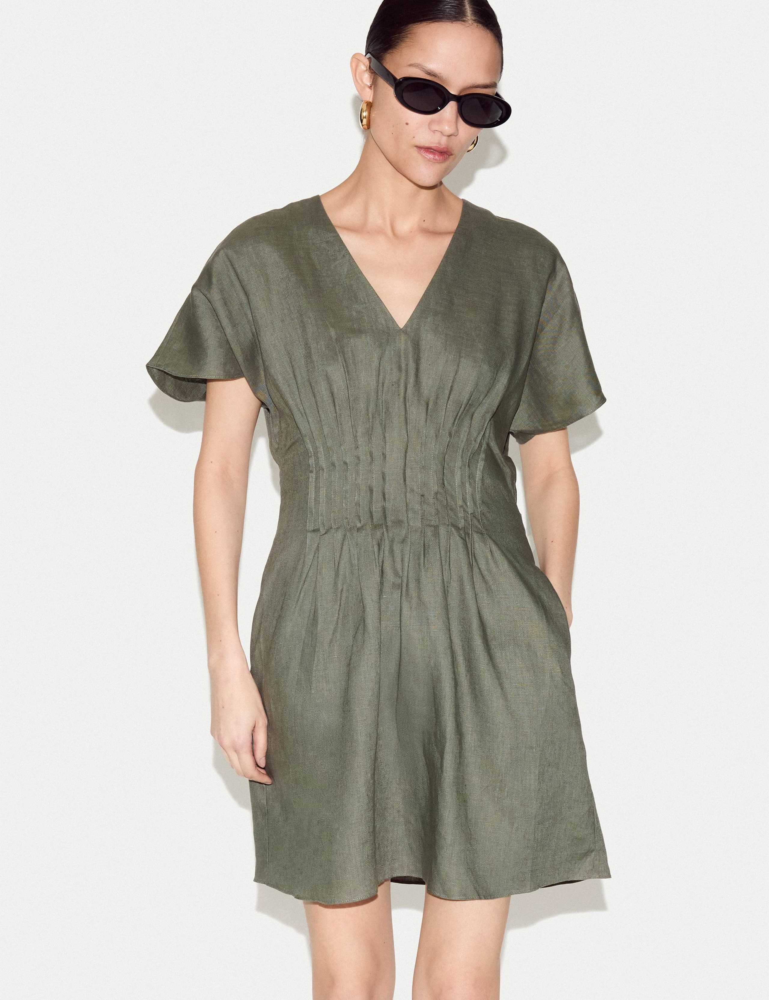 Pure Linen V-Neck Pintuck Mini Waisted Dress