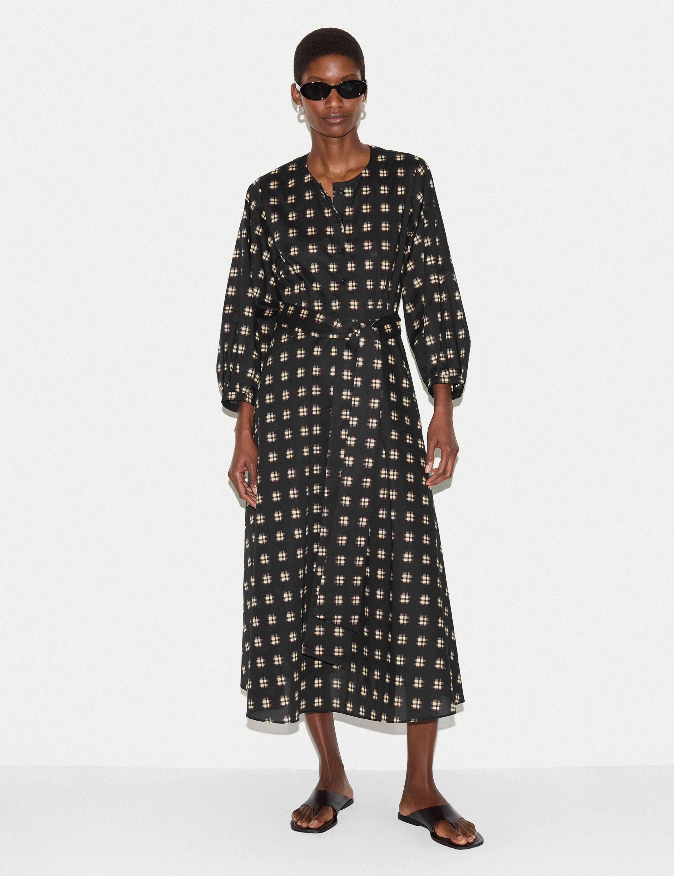 Pure Cotton Checked Midi Waisted Dress