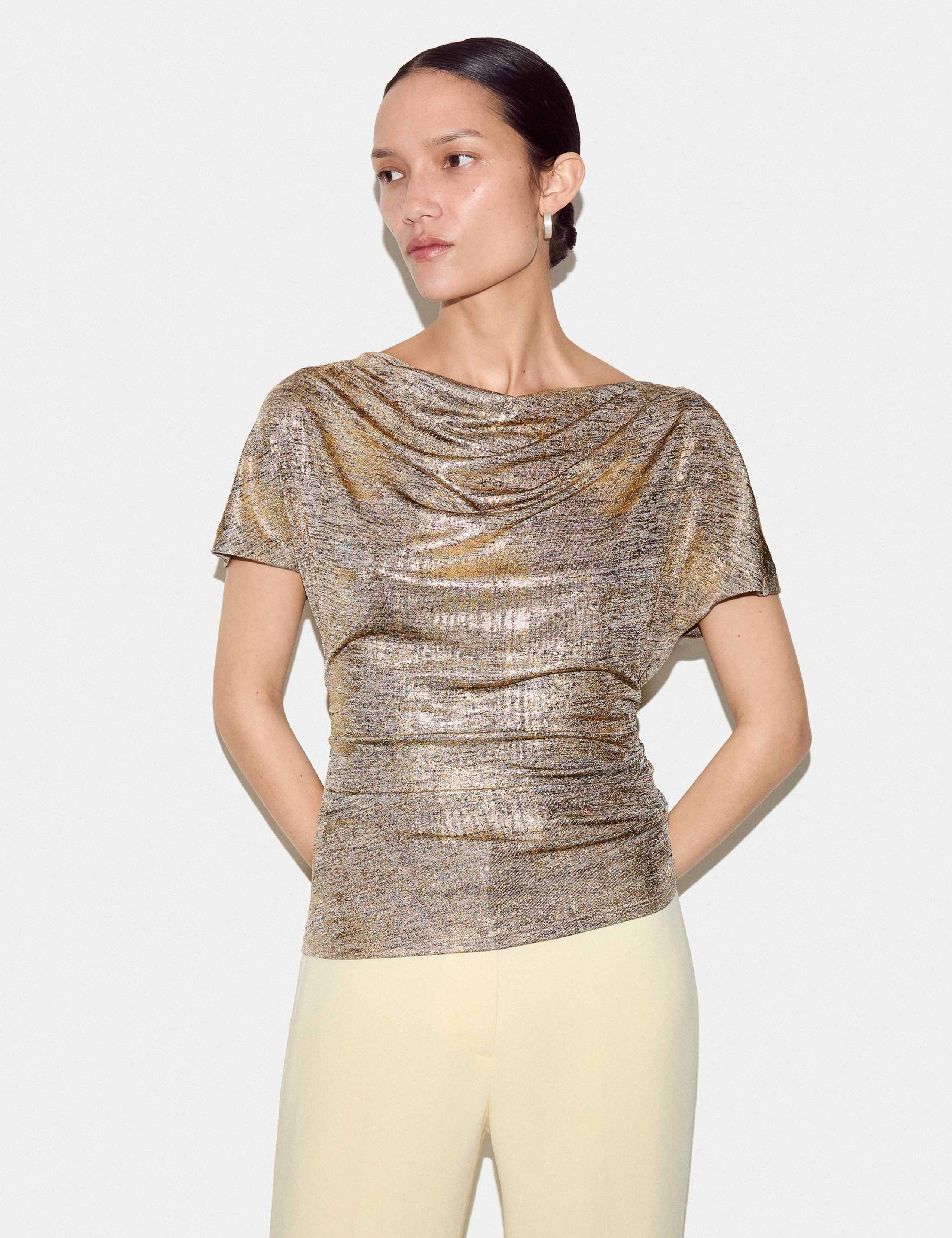 Jersey Sparkly Cowl Neck Gathered Top