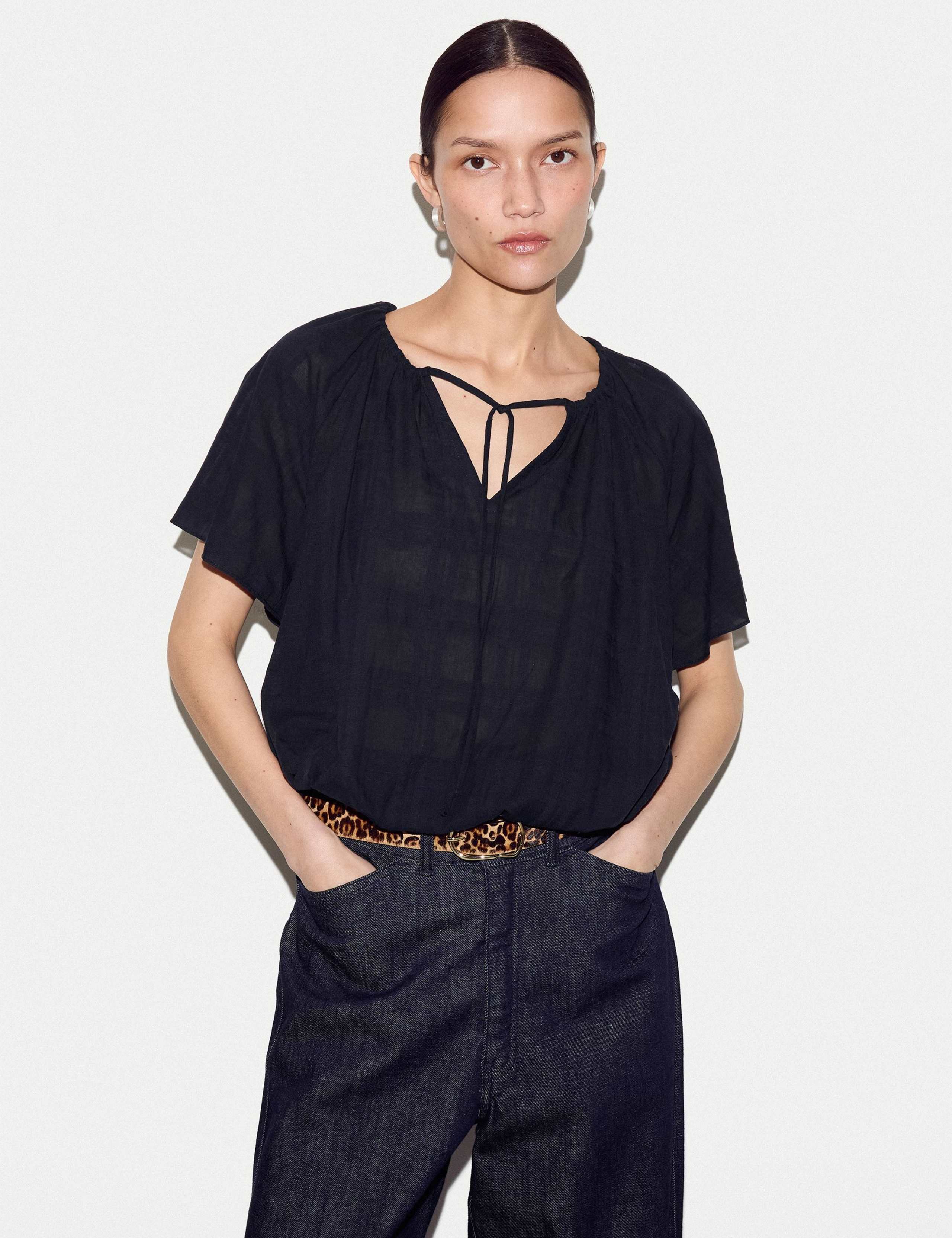 Pure Cotton Tie Detail Angel Sleeve Top