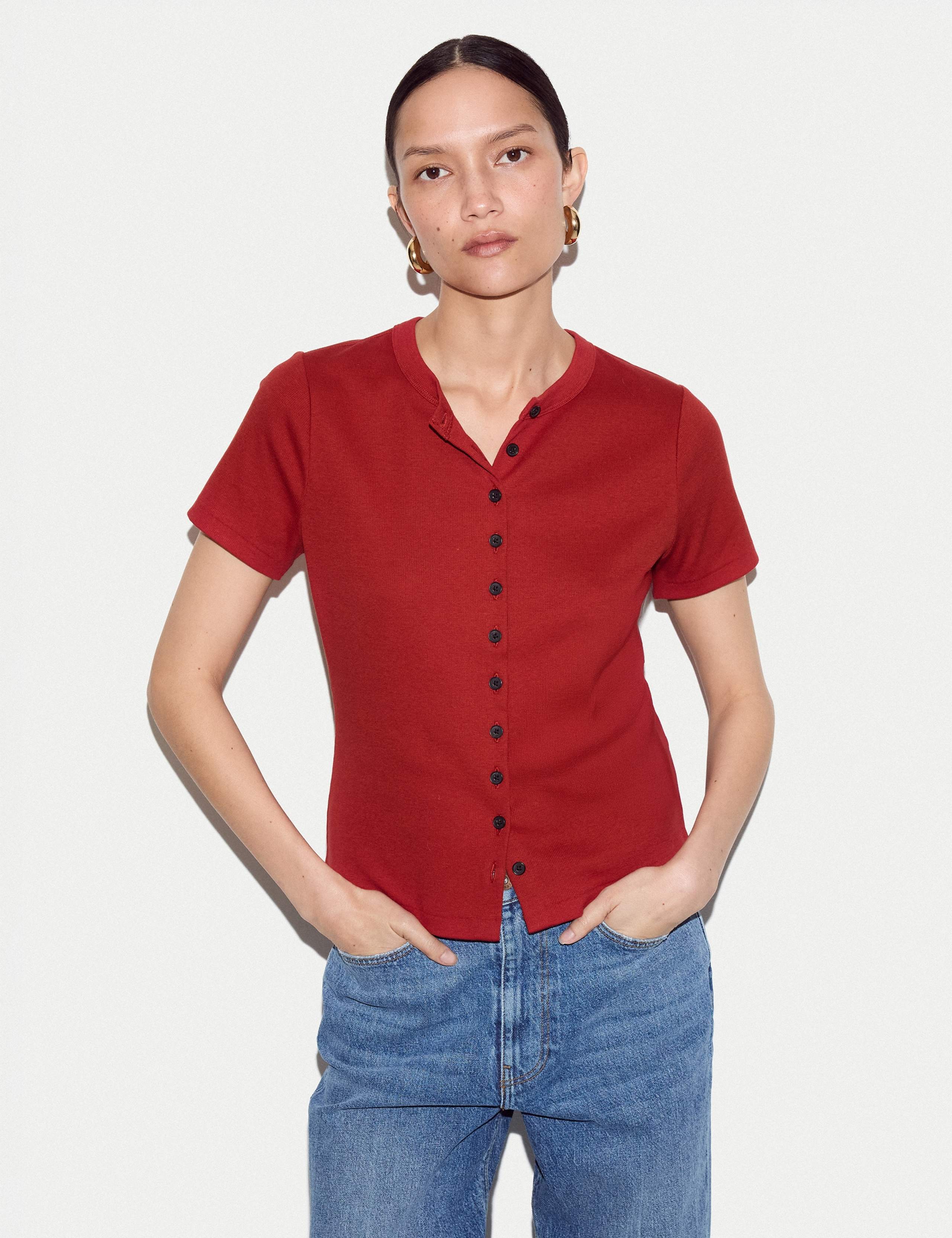 Cotton Rich Ribbed Button Through T-Shirt