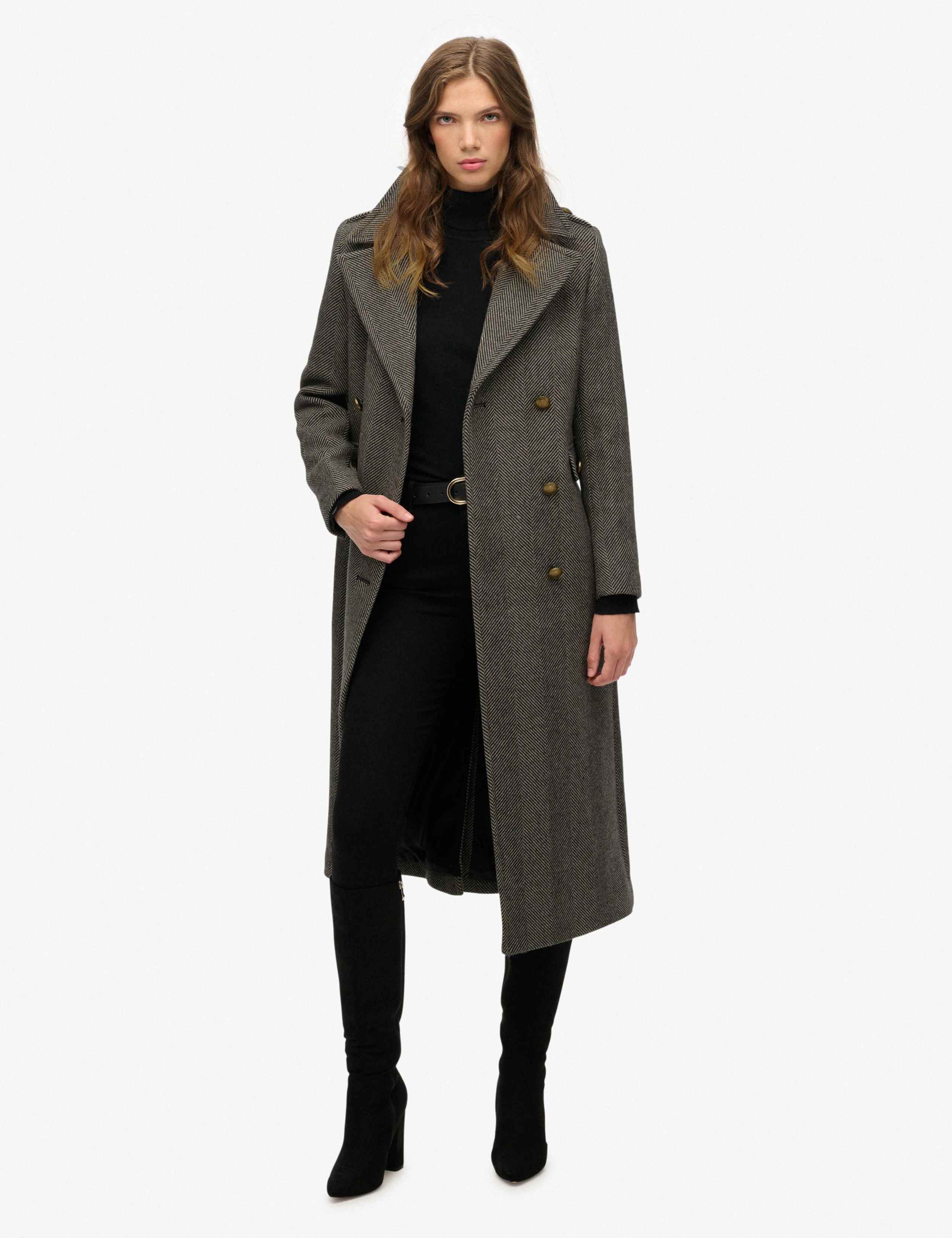 Wool Blend Herringbone Double Breasted Coat