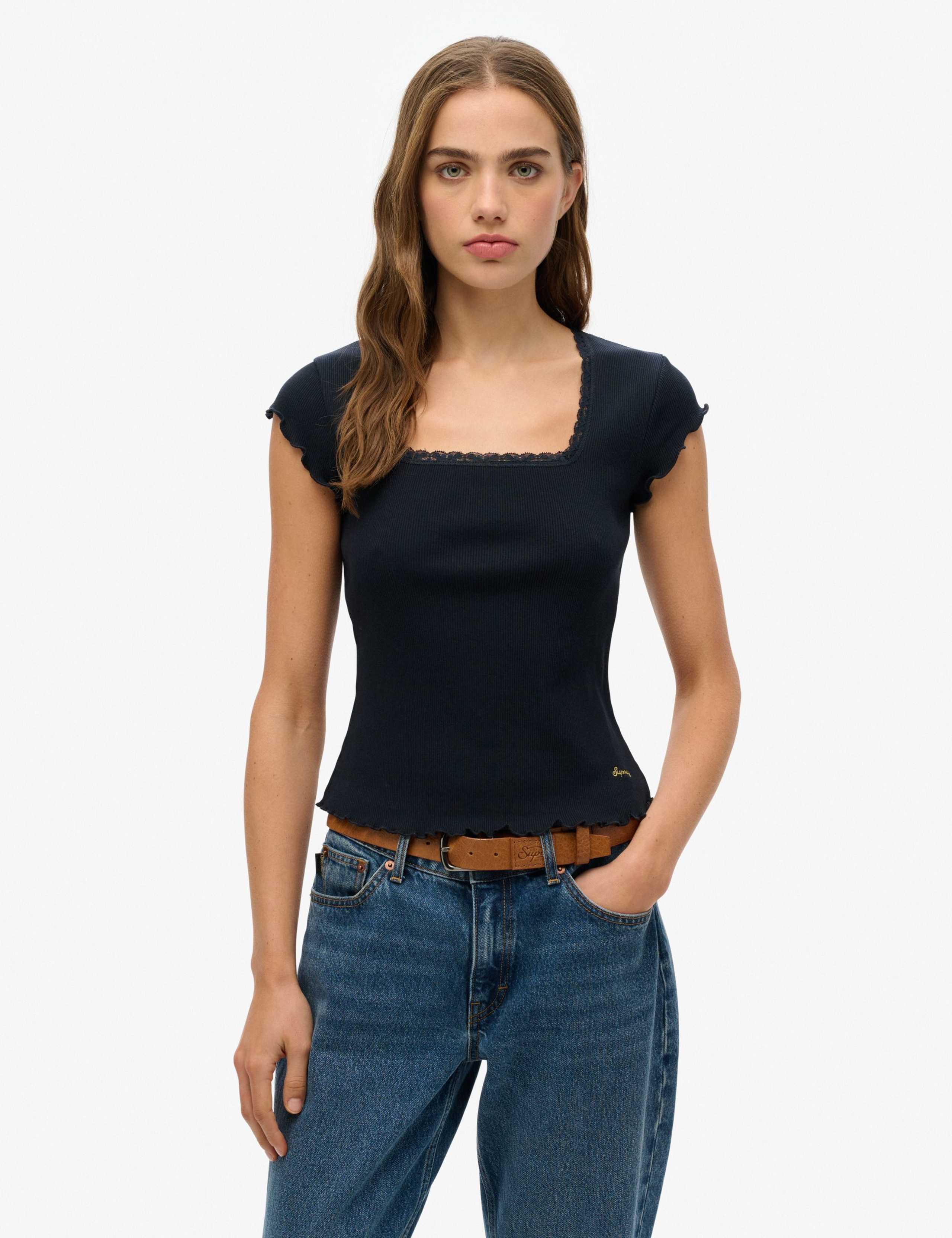 Pure Cotton Ribbed Square Neck T-Shirt