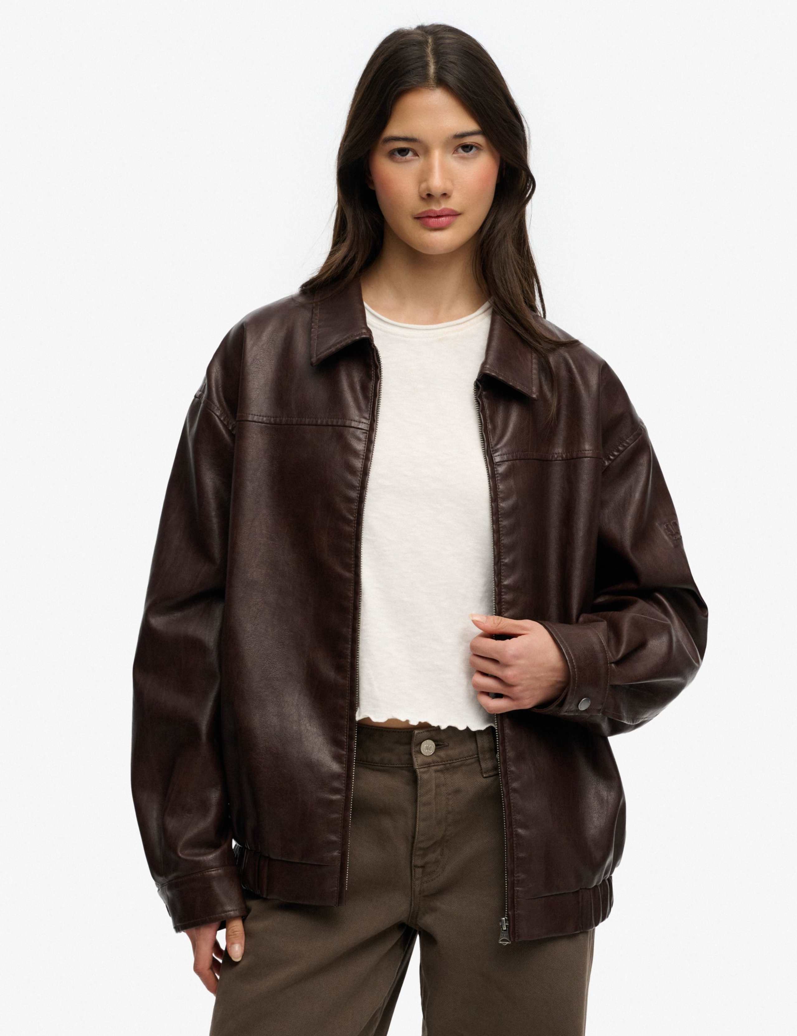 Faux Leather Collared Bomber Jacket