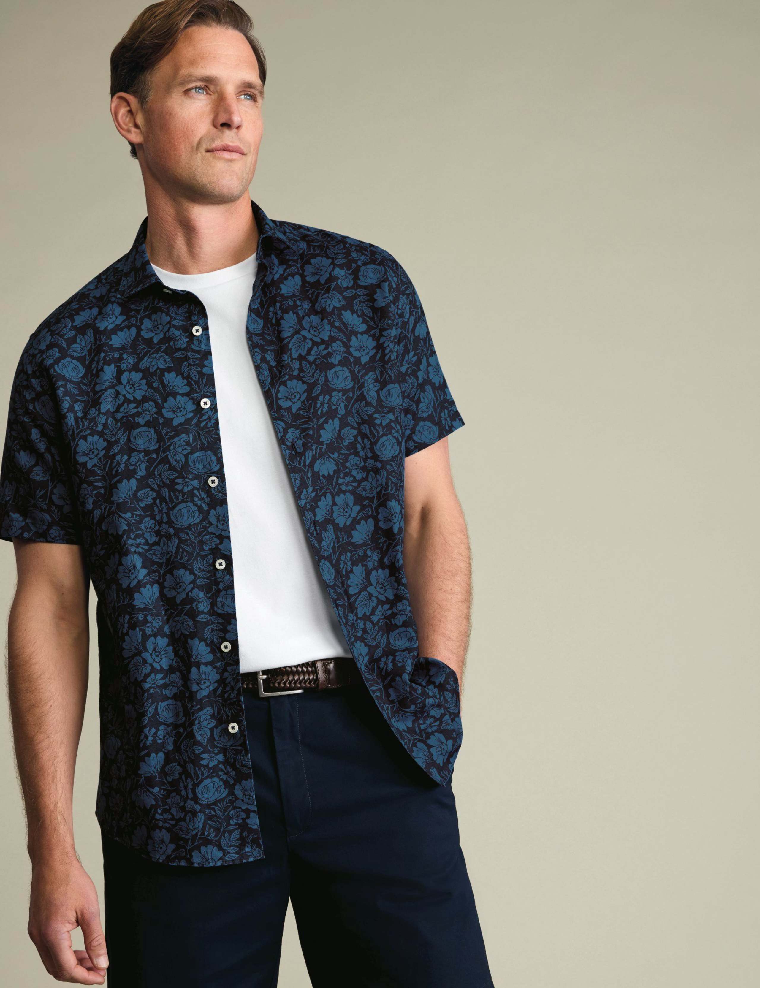 Cotton Linen Blend Printed Short Sleeve Shirt