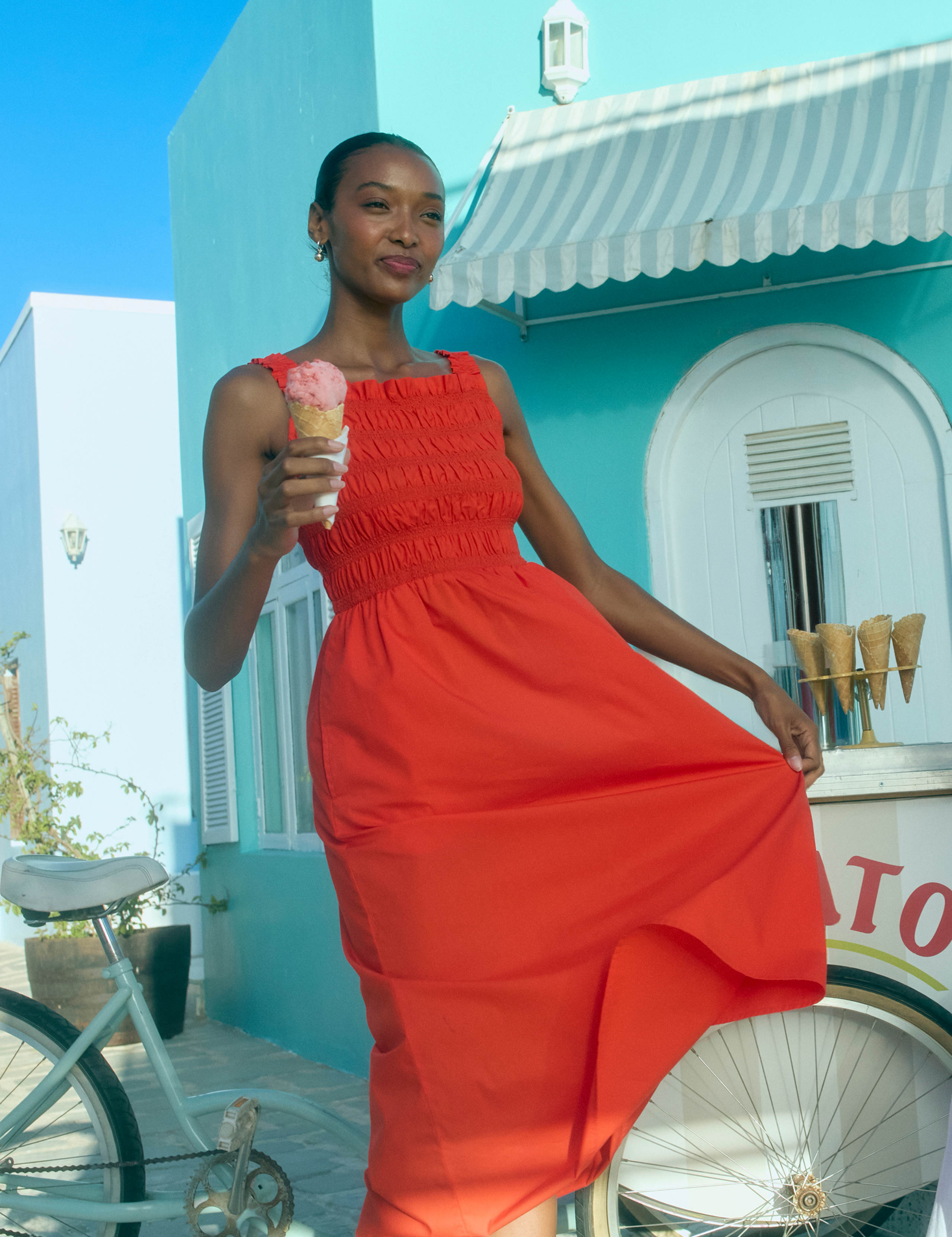 Pure Cotton Square Neck Shirred Midi Dress