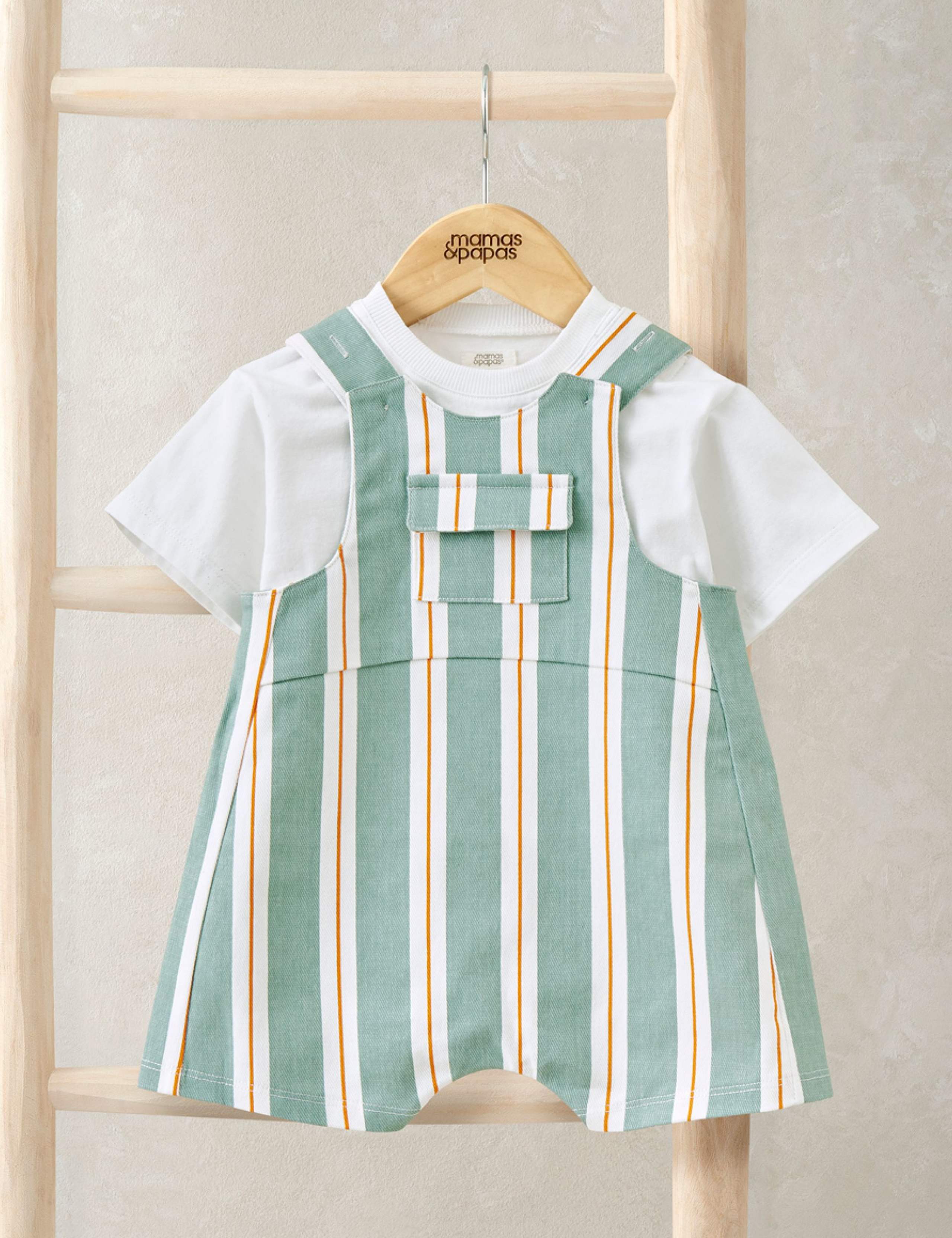 2 Piece Cotton Rich Striped Dungaree Outfit (0-3 Years)