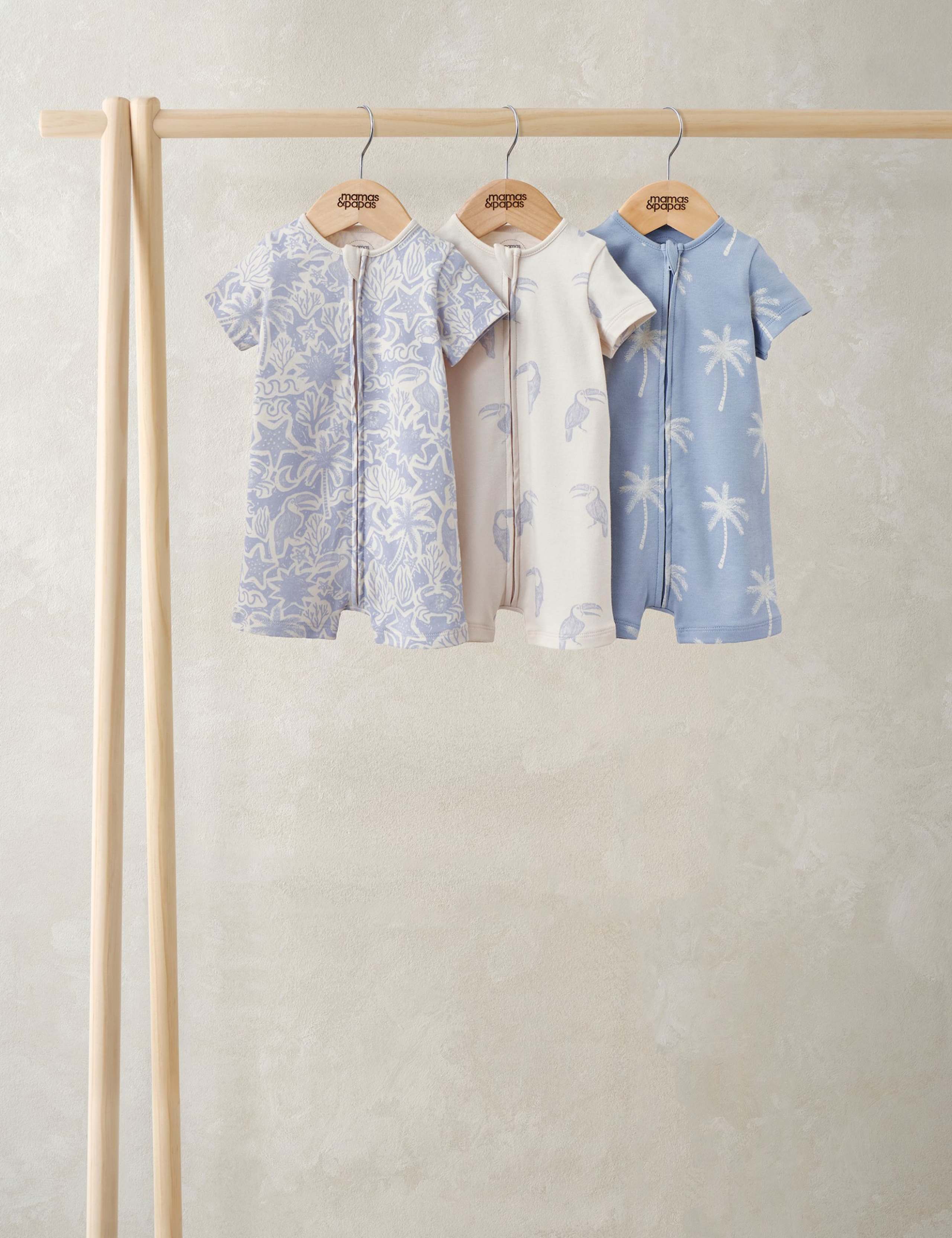 3 Pack Pure Cotton Toucan Zip Rompers (0-18 Months)
