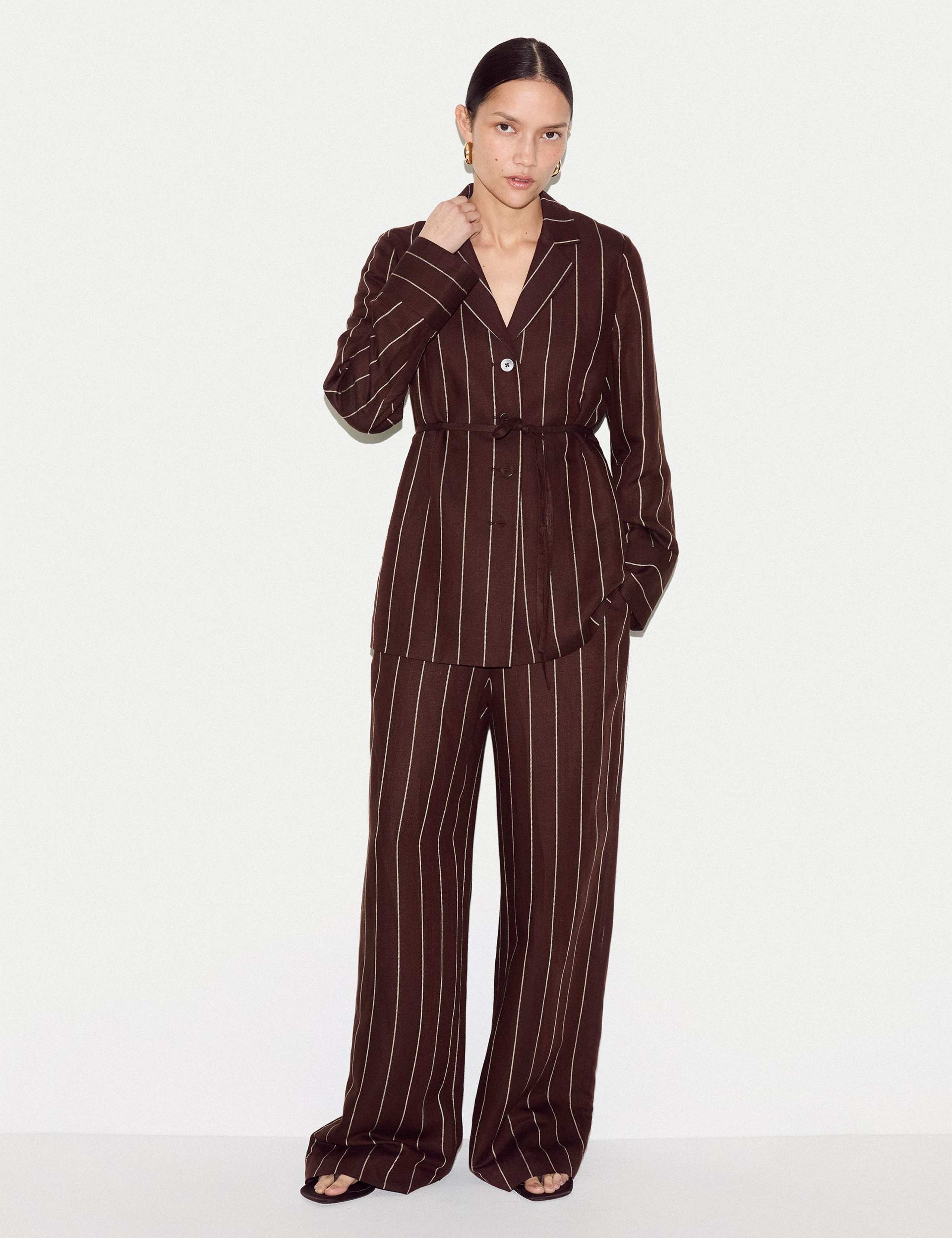 Linen Blend Striped Wide Leg Trousers