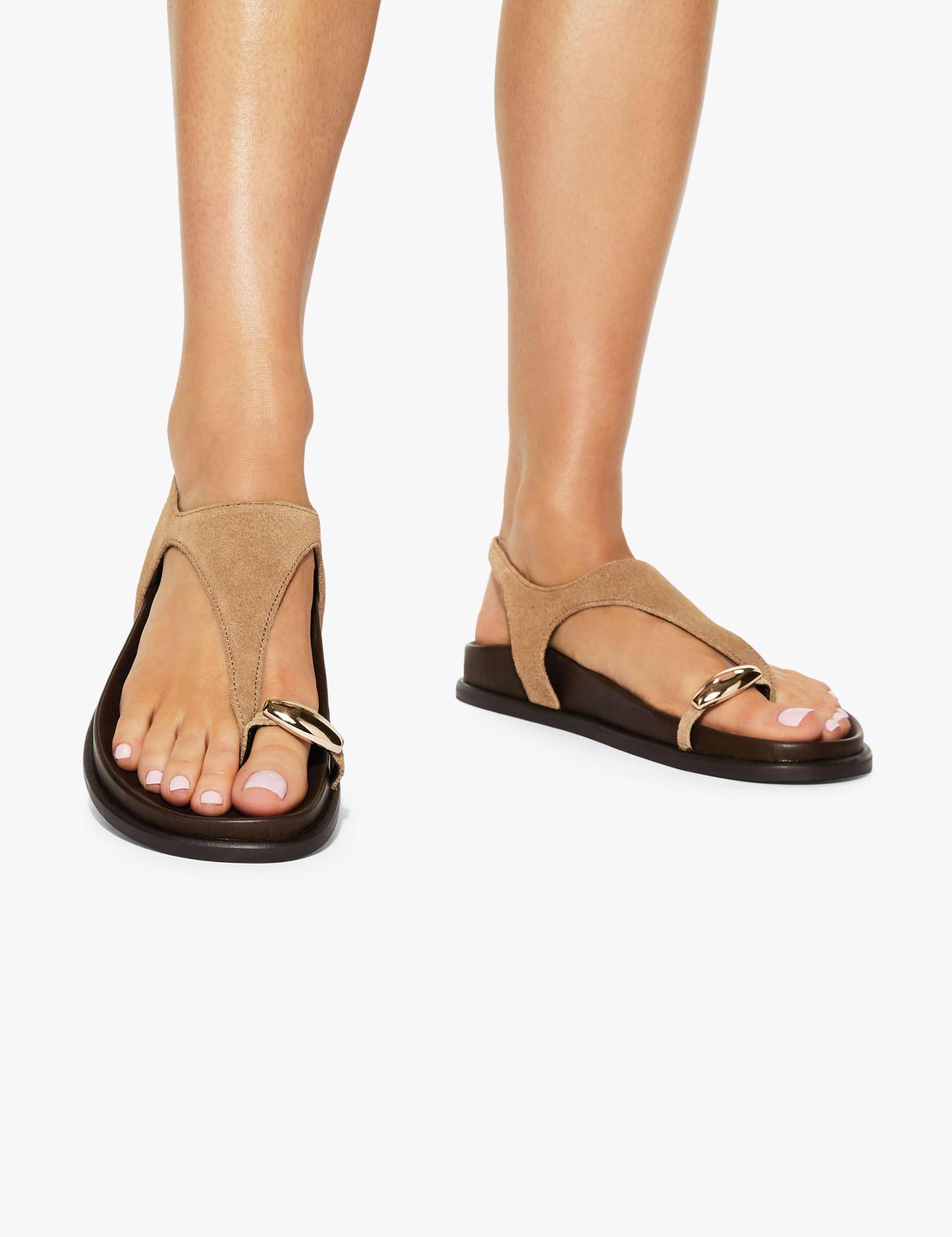 Suede Ankle Strap Flat Toe Loop Sandals