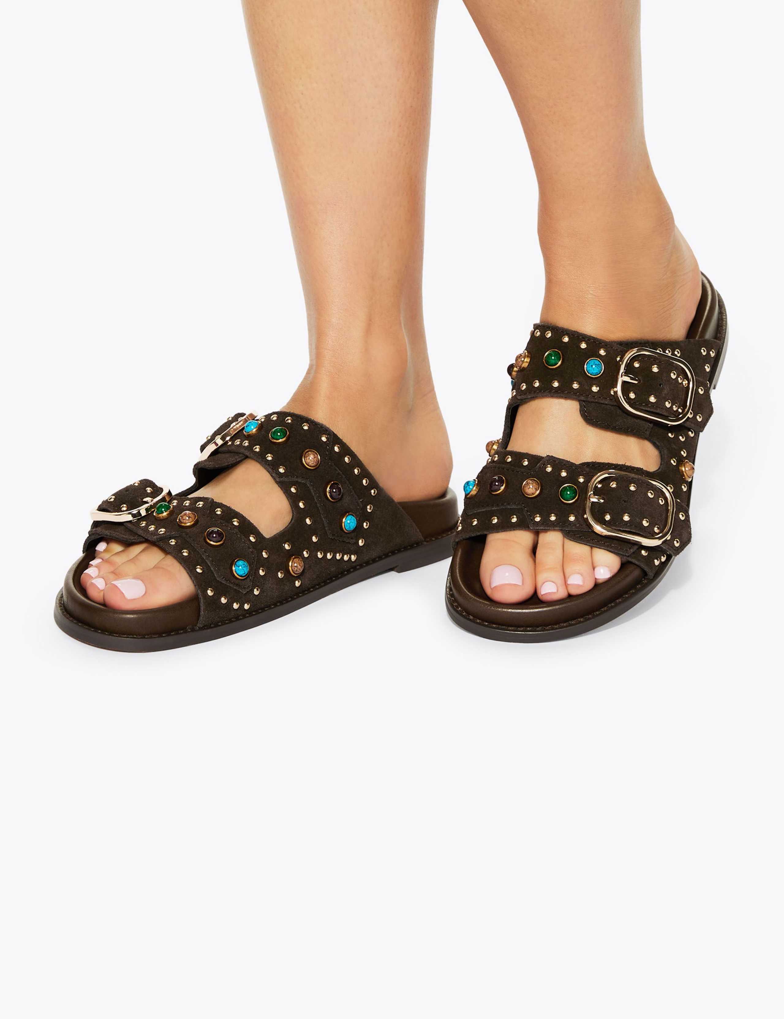 Suede Embellished Flat Sandals
